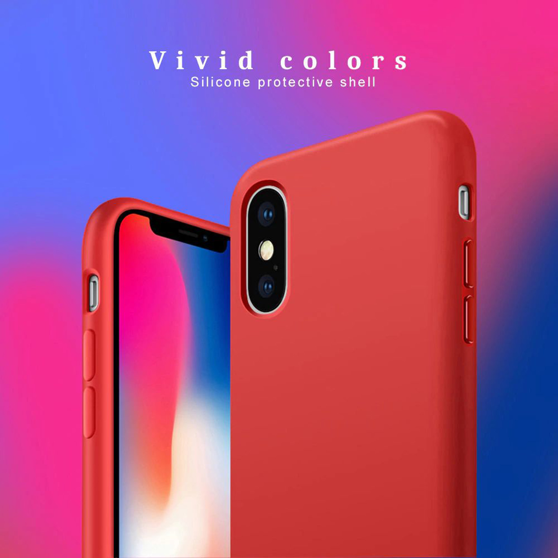 Rote Handyhülle, die ein Telefon mit roter Hülle zeigt. Text sagt 'Lebendige Farben'.