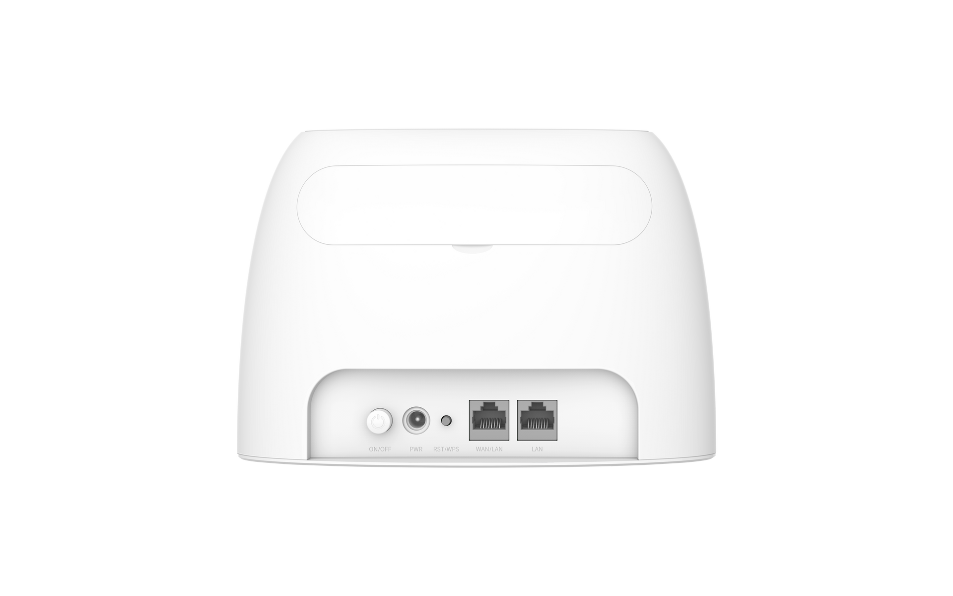 Białe urządzenie routera z portami i przyciskami z tyłu. Minimalistyczny design.