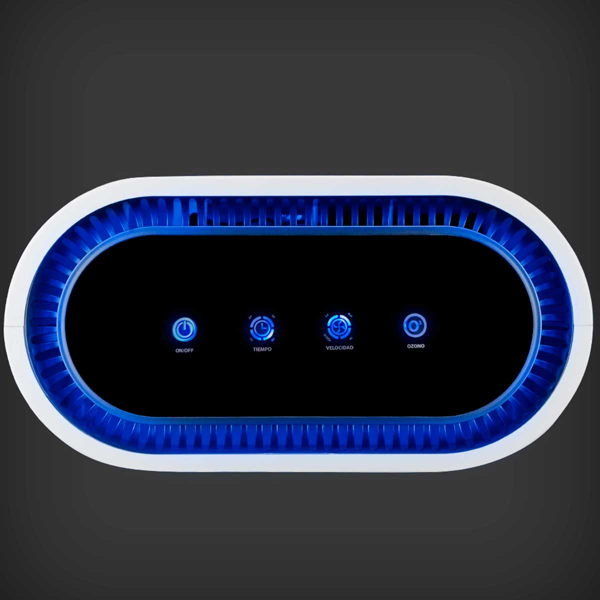 Un purificador de aire ovalado con borde de luz azul. Tiene cuatro botones: ON/OFF, TIEMPO, VELOCIDAD y OZONO.