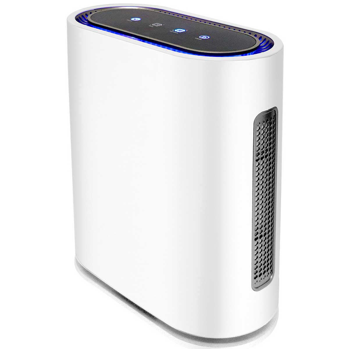 Un purificador de aire blanco con una parte superior negra y una ventilación lateral.