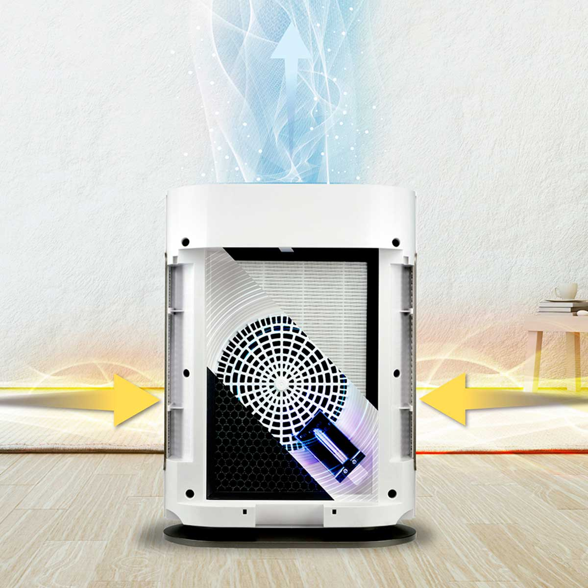 Purificador de aire blanco con corte que muestra el filtro y el ventilador. Flechas indican flujo de aire. Fondo blanco.