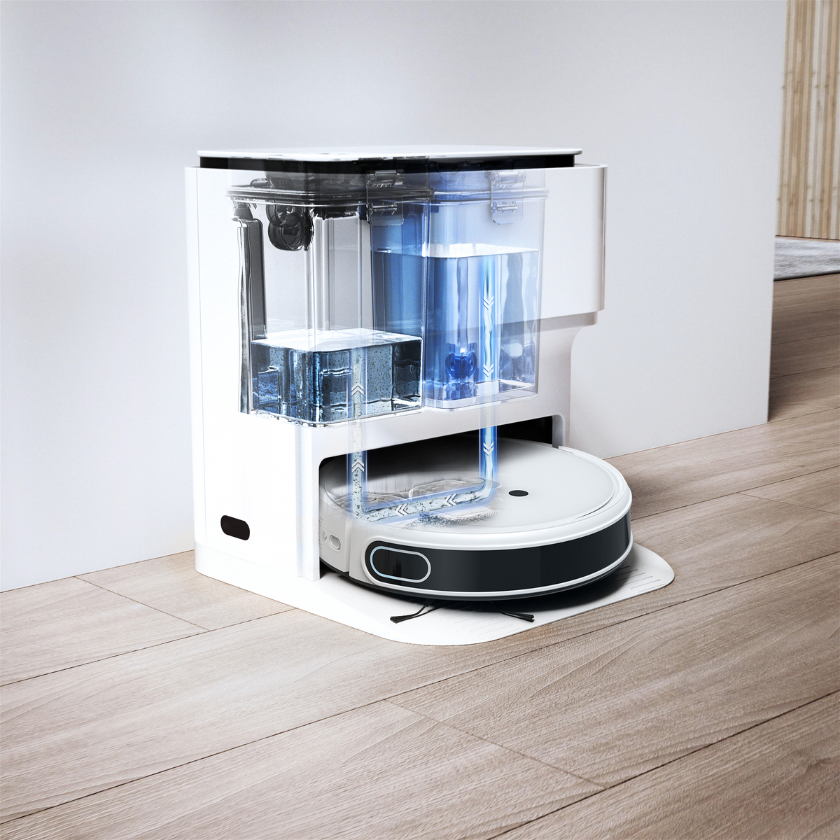 Weißer Roboter-Staubsauger mit Ladestation. Er hat zwei Wasserbehälter. Holzboden.