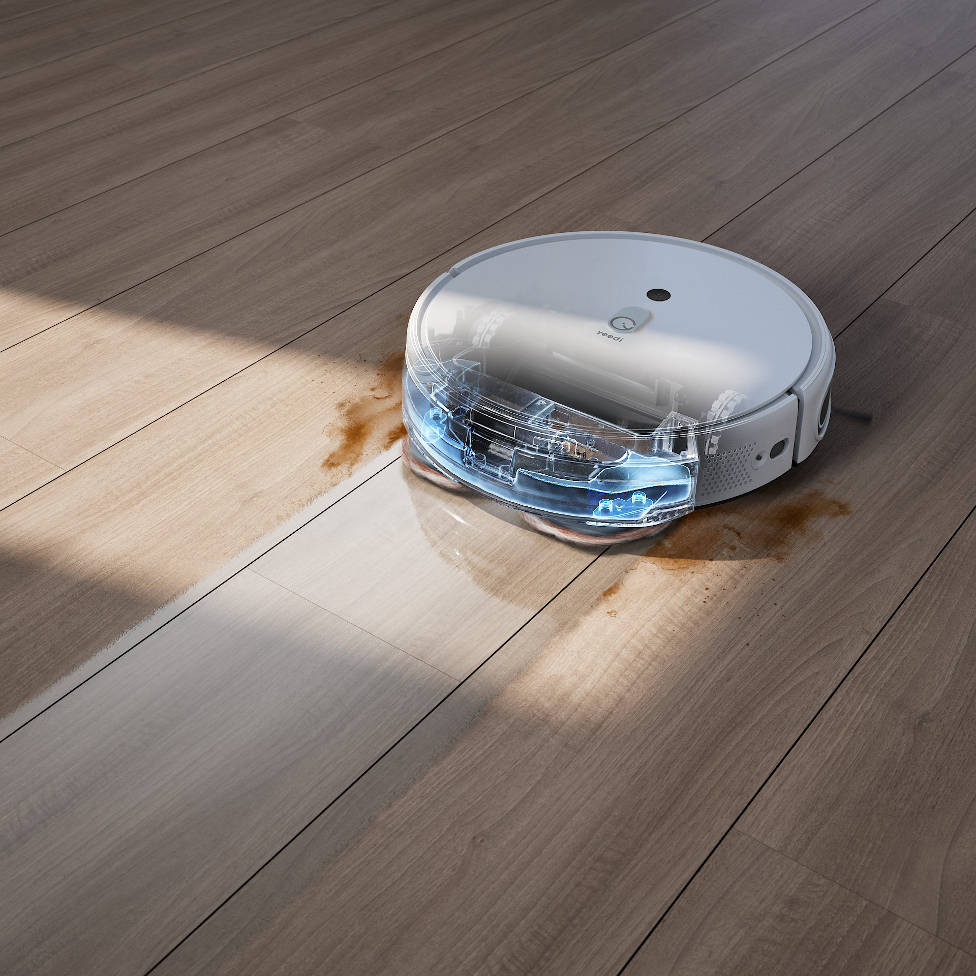 Roboter-Staubsauger auf Holzboden mit Wassertank, der den Reinigungsweg zeigt.