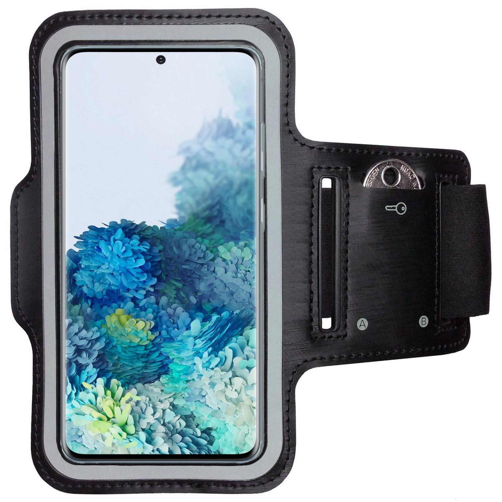 Schwarze Handy-Armbinde mit Telefon, Schlüssel-Tasche, weißer Hintergrund.