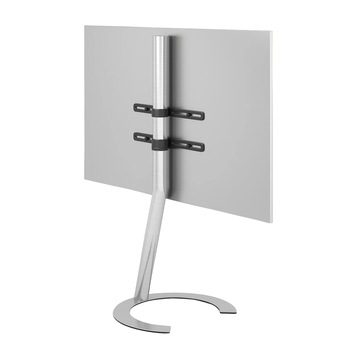TV-Ständer, Rückansicht. Silberner Metallständer mit gebogener Basis und Halterungen für den Fernseher.