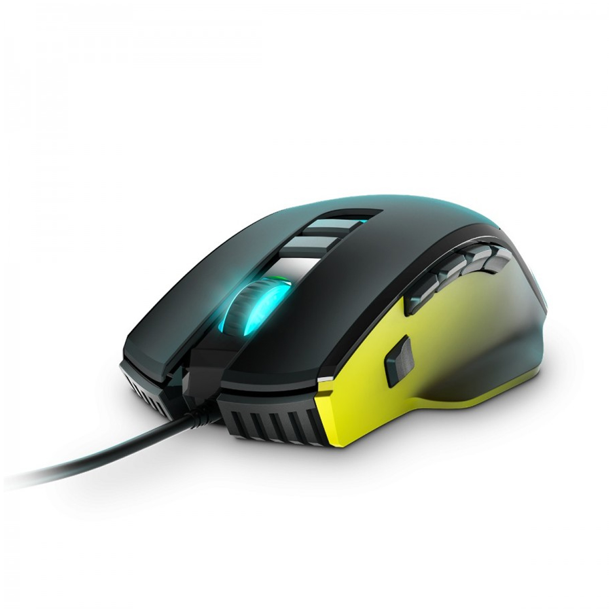 Un mouse da gioco nero e giallo con una rotella di scorrimento blu brillante e un cavo nero.