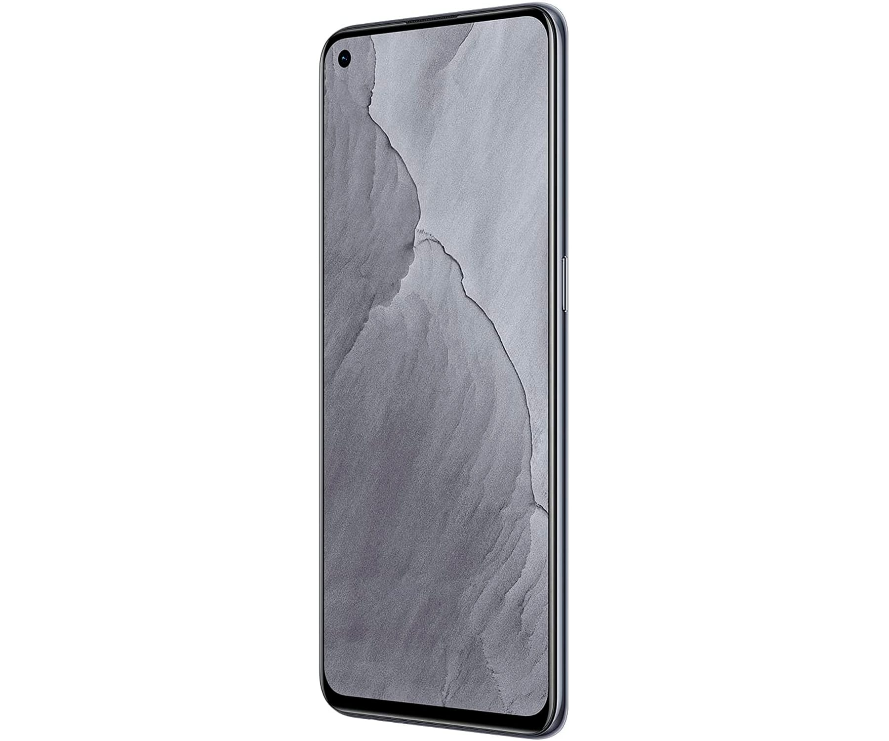 Schwarzes Smartphone mit strukturierter Anzeige, steht aufrecht.