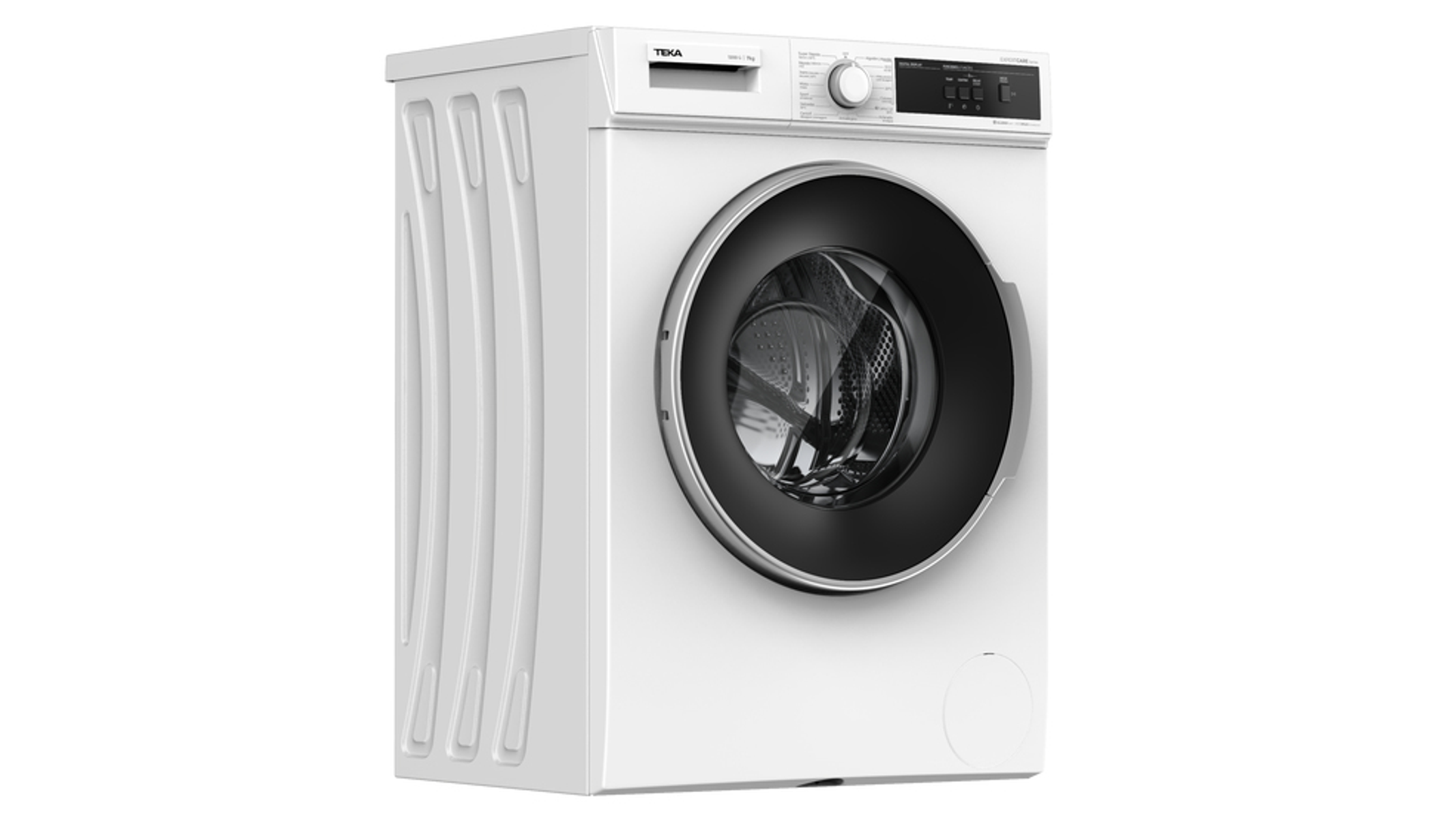 Lavadora blanca con puerta negra. Logo Teka.
