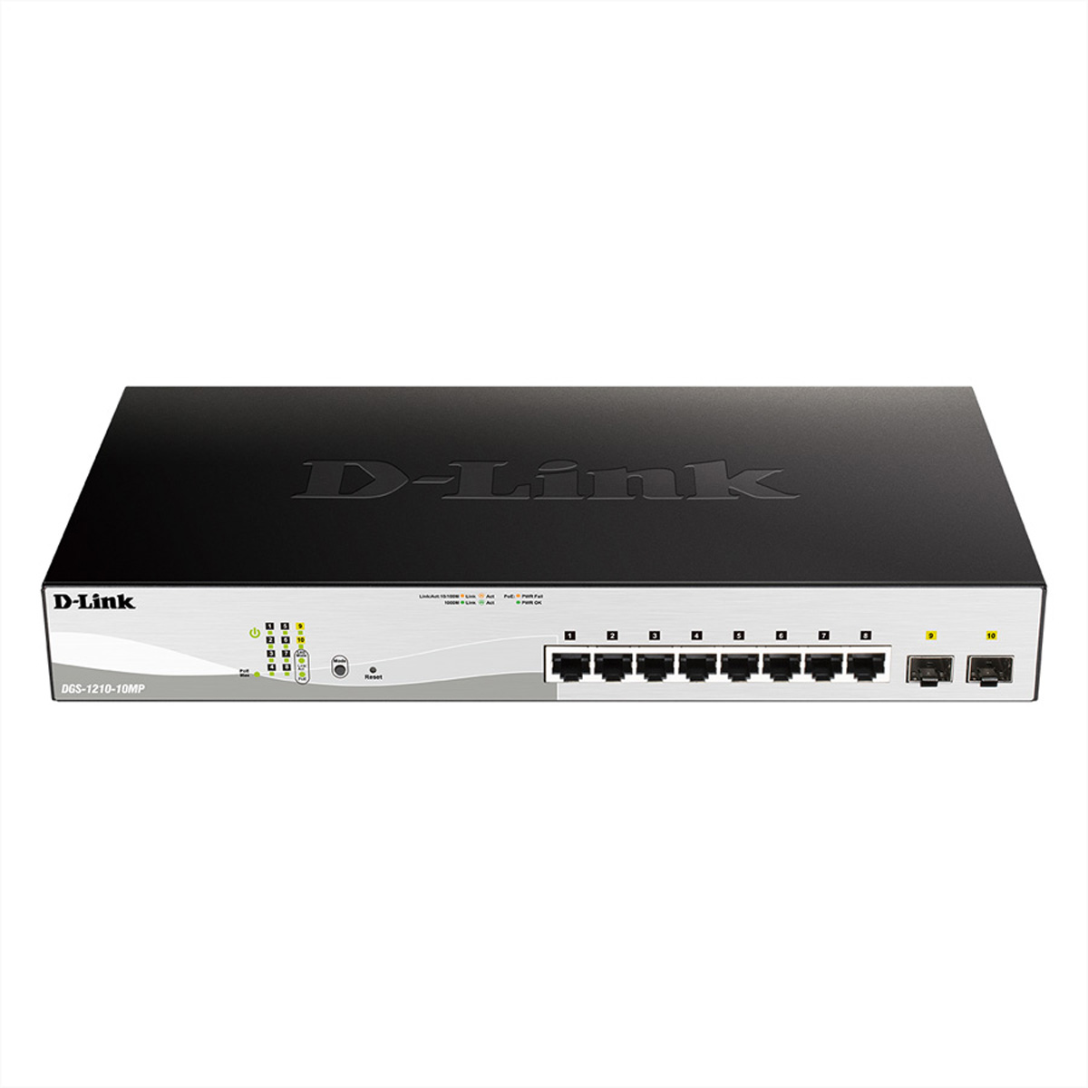 Switch di rete D-Link con più porte e luci. Testo: D-Link, DGS-1210-10MP.