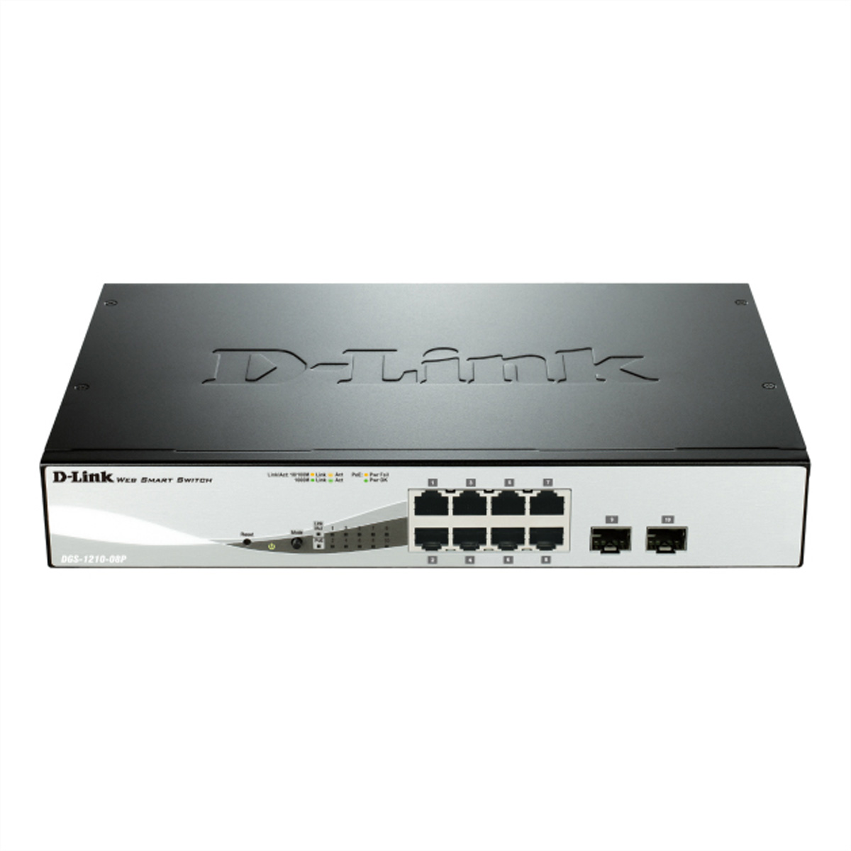 Ein schwarzer und silberner D-Link Netzwerk-Switch mit mehreren Anschlüssen und Beschriftungen.