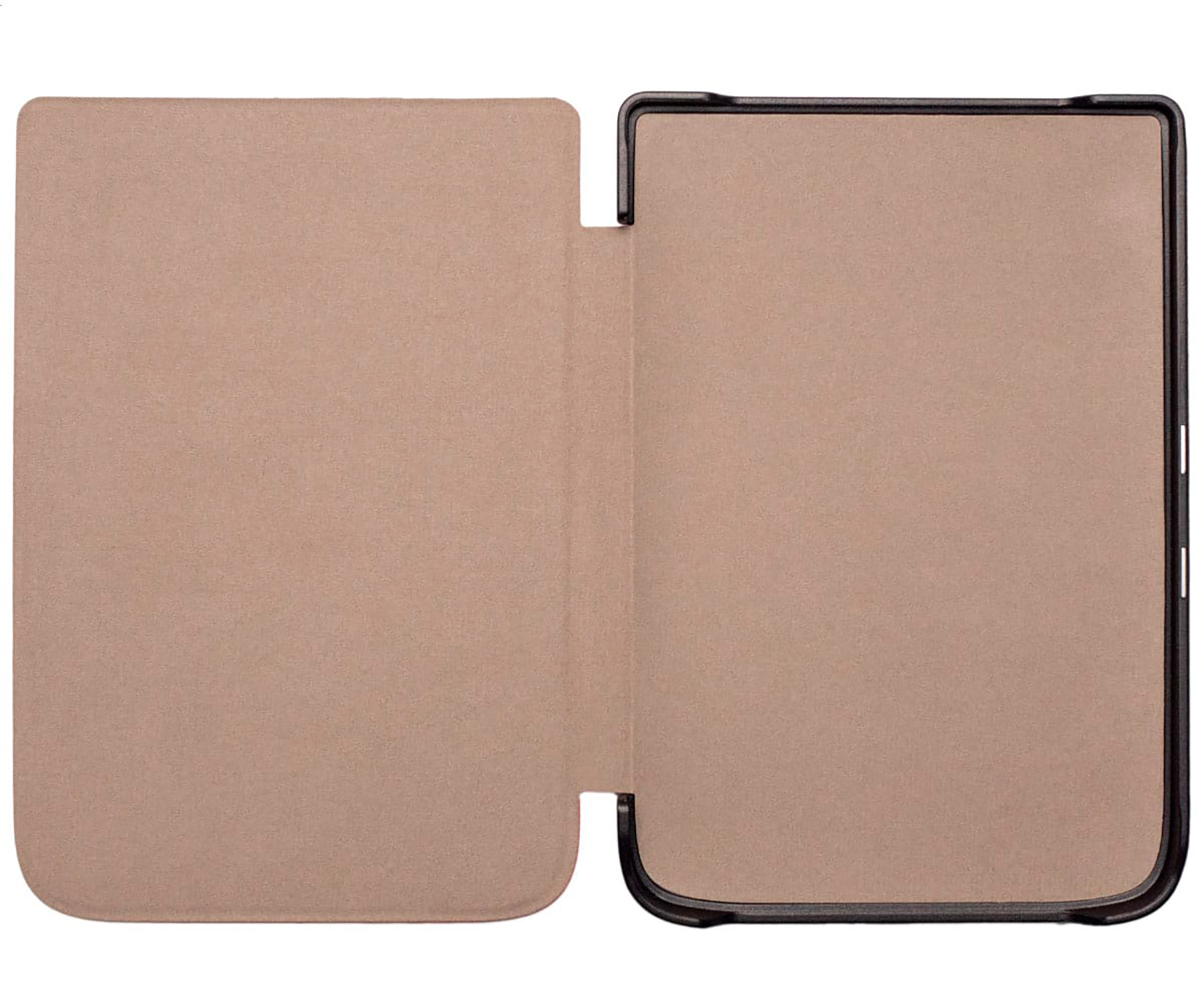 Funda de tableta marrón abierta, mostrando el interior. El fondo es blanco.