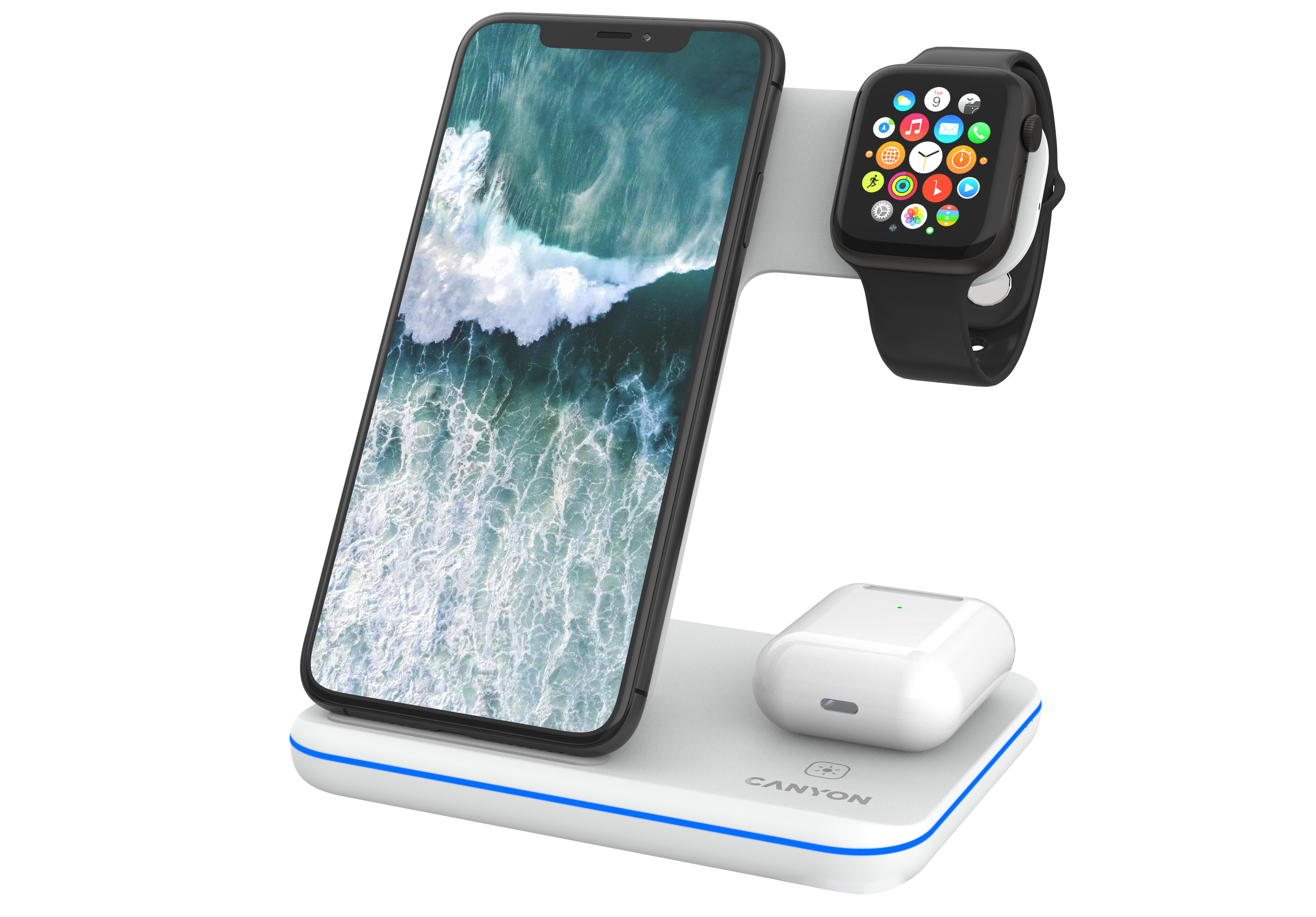 Cargador 3 En 1 blanco canyon de rapida quick charge 21w inductivo wireless qi con stacion para apple watch compatible iphone airpods inalambrico cnchwcs303w