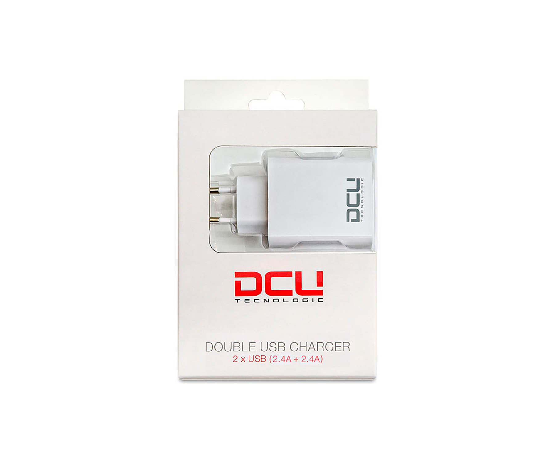 Un cargador USB doble en una caja blanca. El cargador es blanco y muestra el logotipo de DCL Tecnologic.