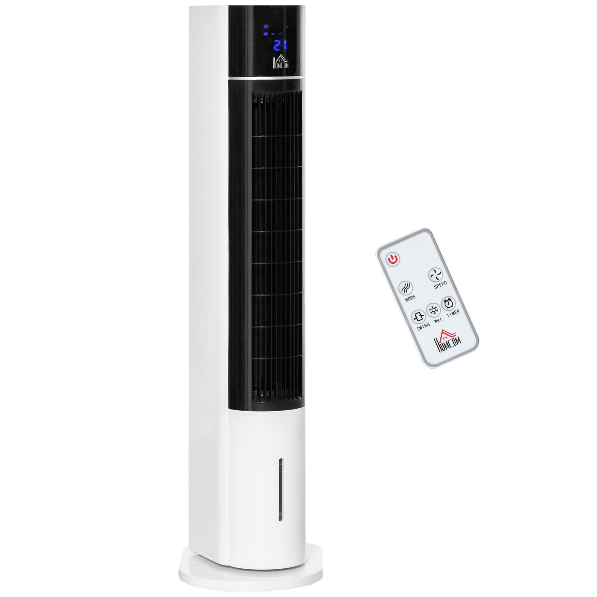 Ventilatore a torre bianco con griglia nera, display digitale e telecomando. Il ventilatore ha il marchio HomCom.