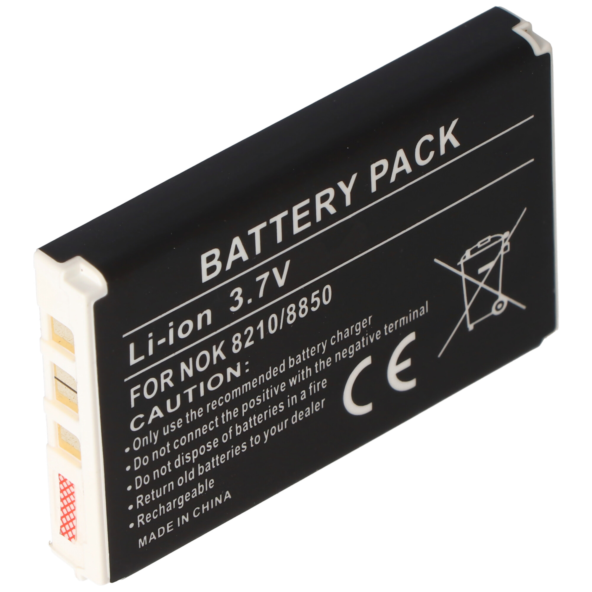 Ein schwarzes rechteckiges Akkupack mit der Aufschrift 'BATTERY PACK', Warnhinweisen und CE-Kennzeichnung.