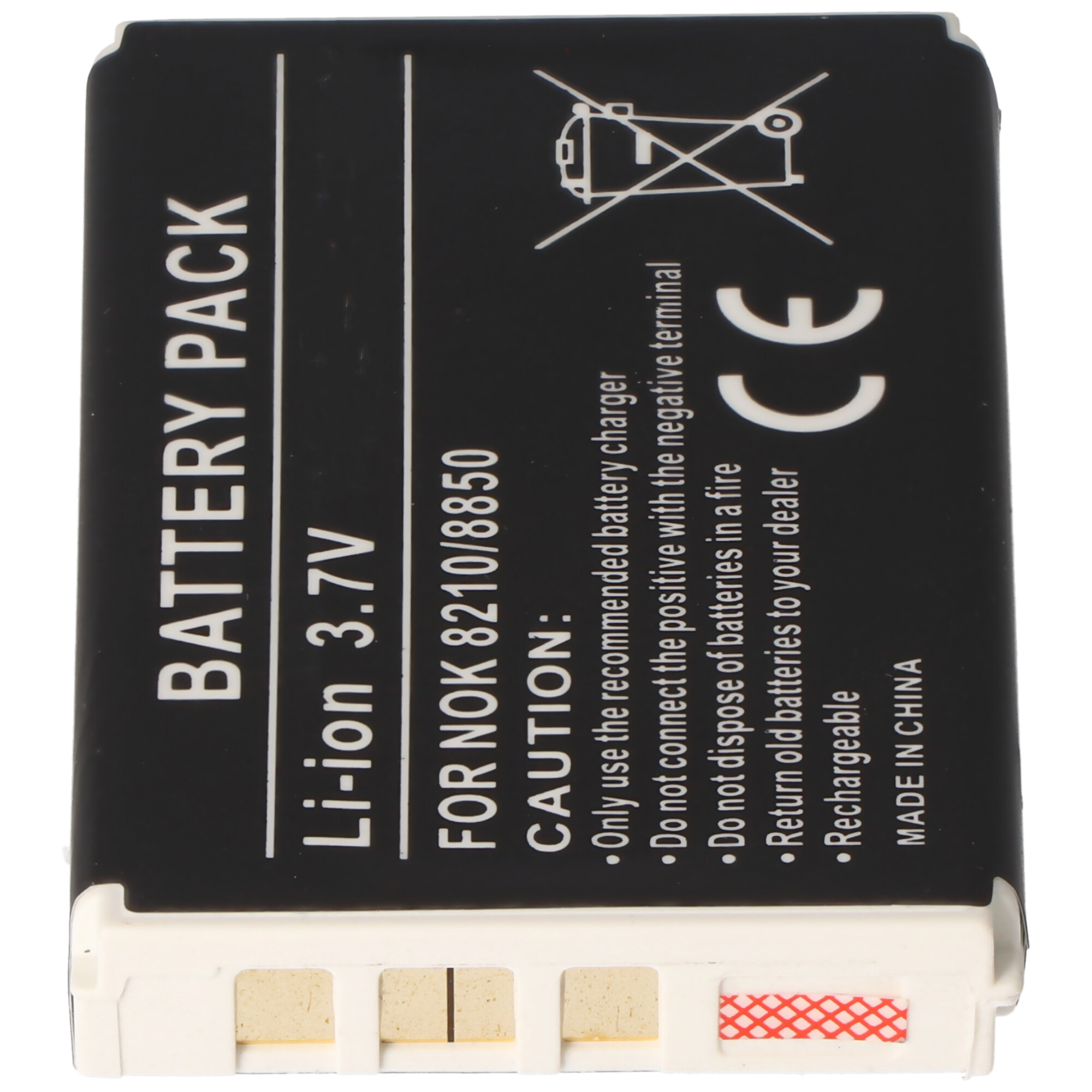 Schwarzer Akku mit weißen Kanten. Text: 'Akku', 'Li-ion 3,7V' und Vorsichtshinweise zur Verwendung und Entsorgung.