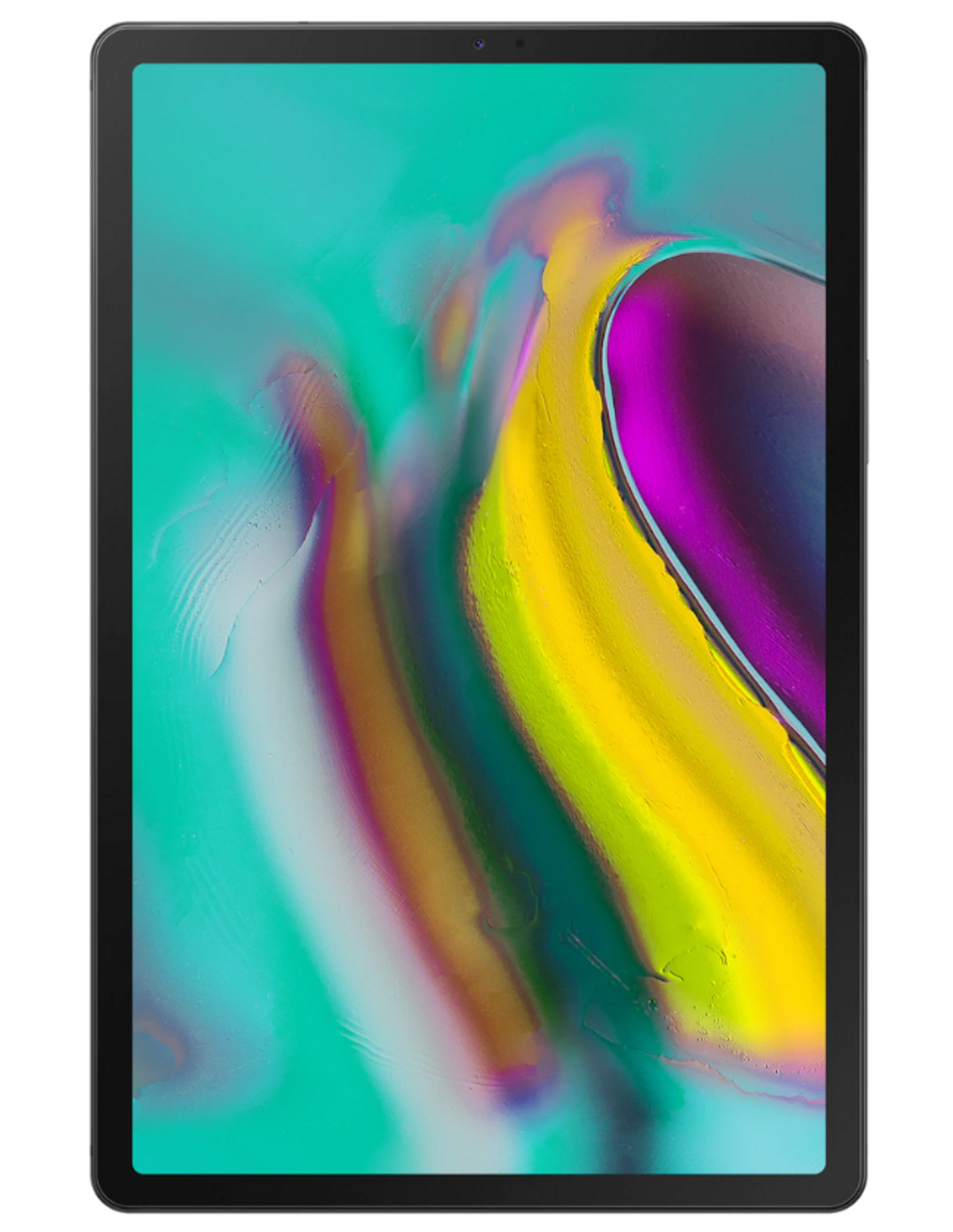Tableta negra con pantalla colorida que muestra un patrón abstracto vibrante.