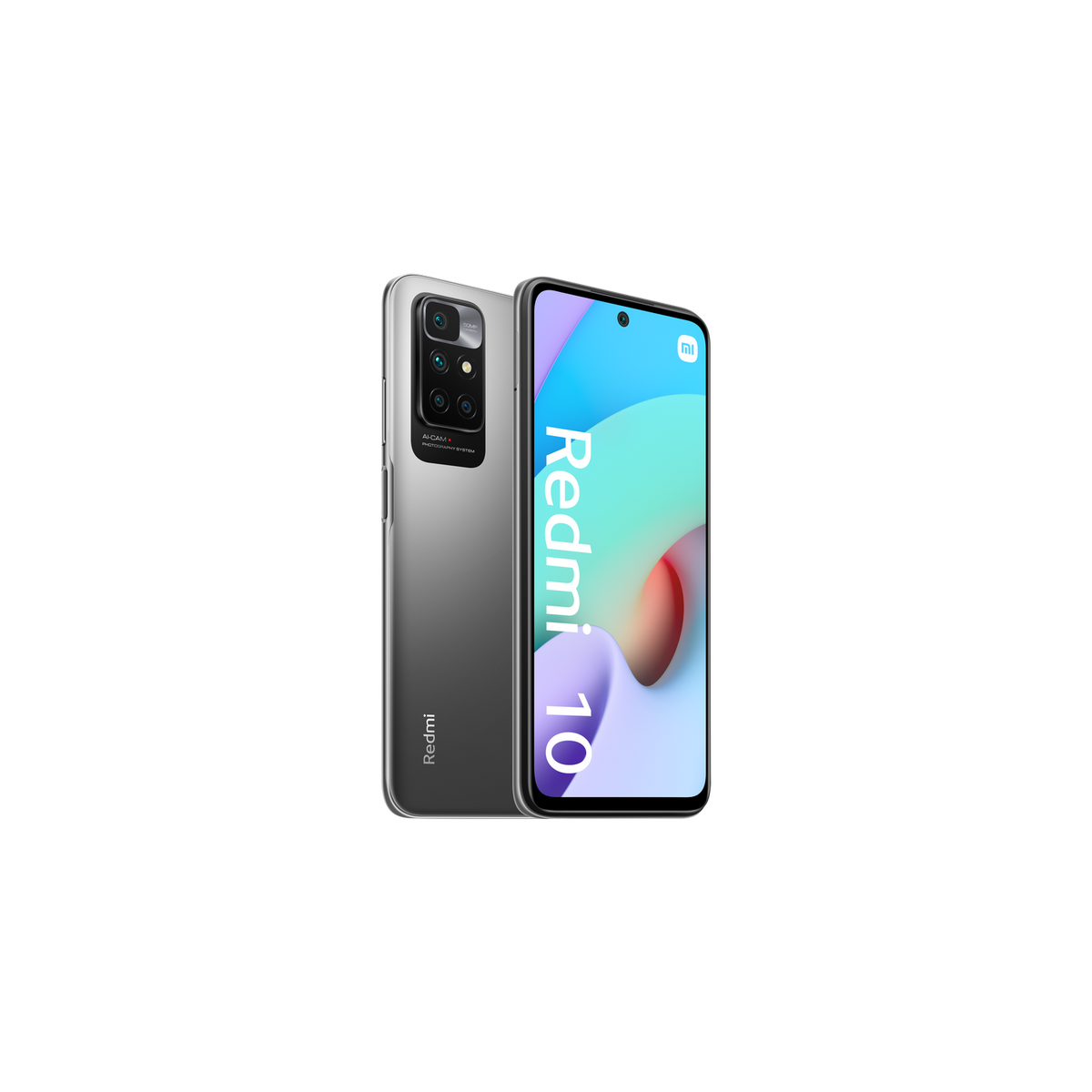 Ein graues Redmi 10 Smartphone, das Vorder- und Rückseite mit eingeschaltetem Bildschirm zeigt.