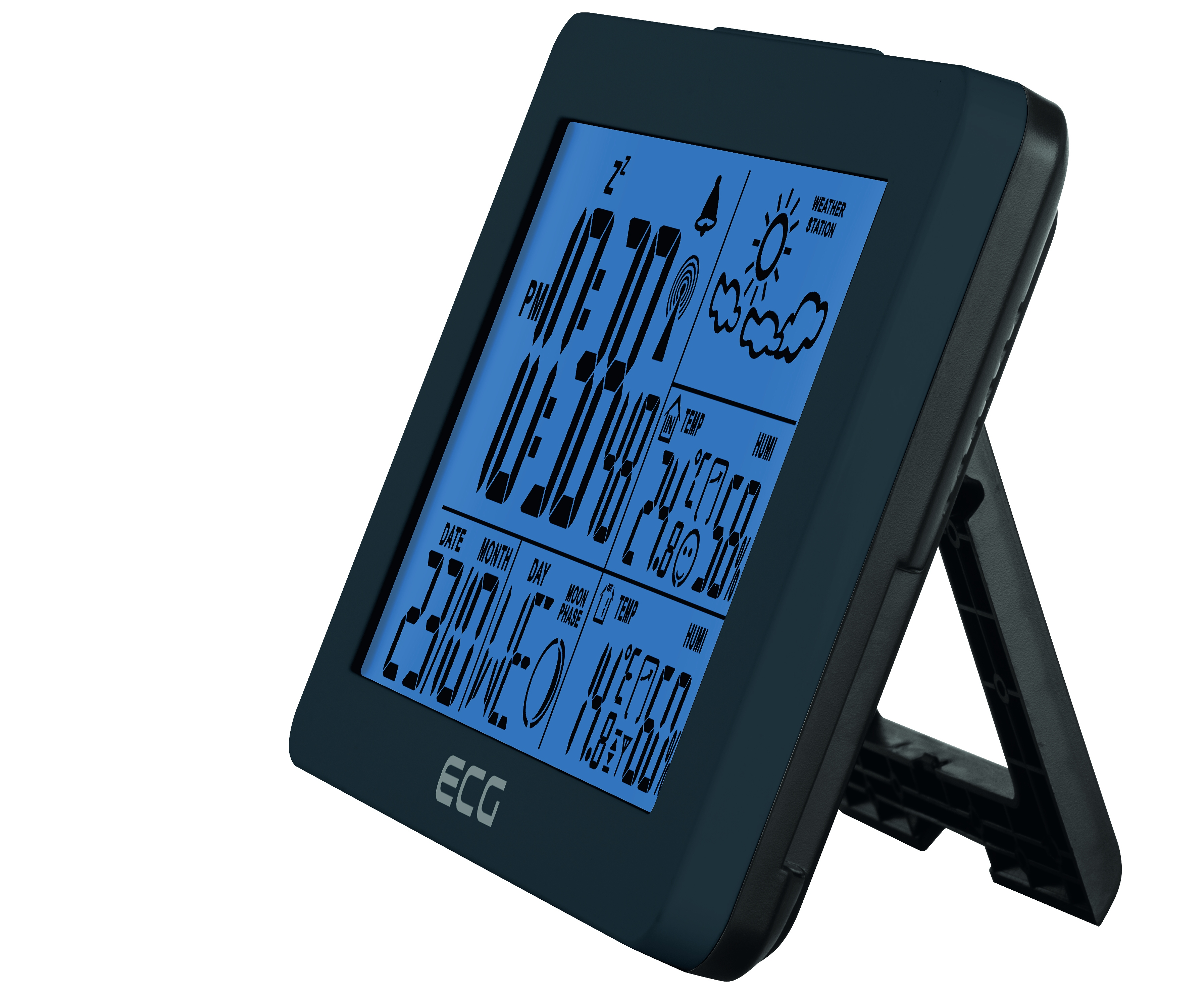 Digitale Wetterstation mit Zeit-, Datums- und Wetterinformationen auf blauem Bildschirm. Schwarzer Rahmen.