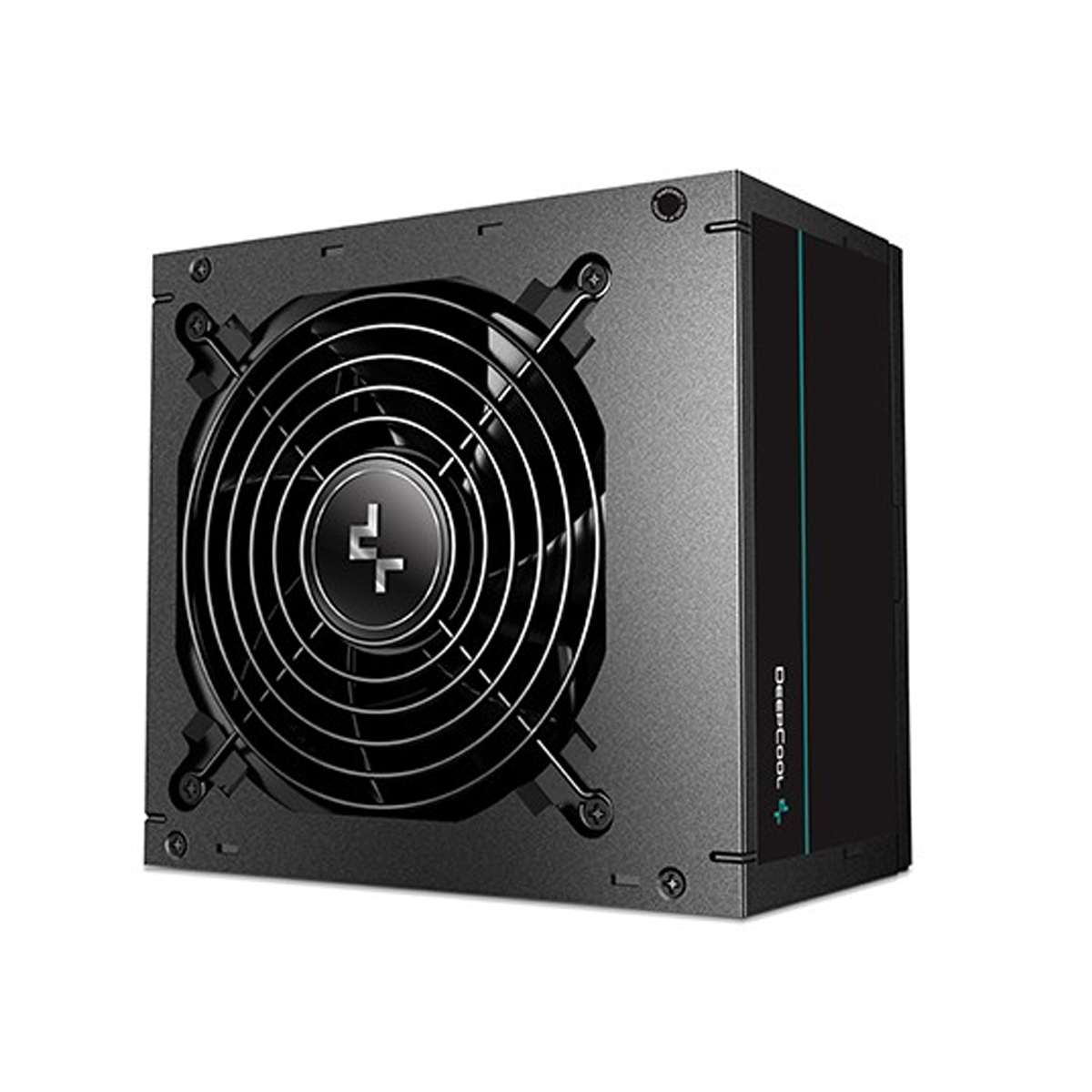 Une alimentation Deepcool noire avec un ventilateur et le logo Deepcool visible.