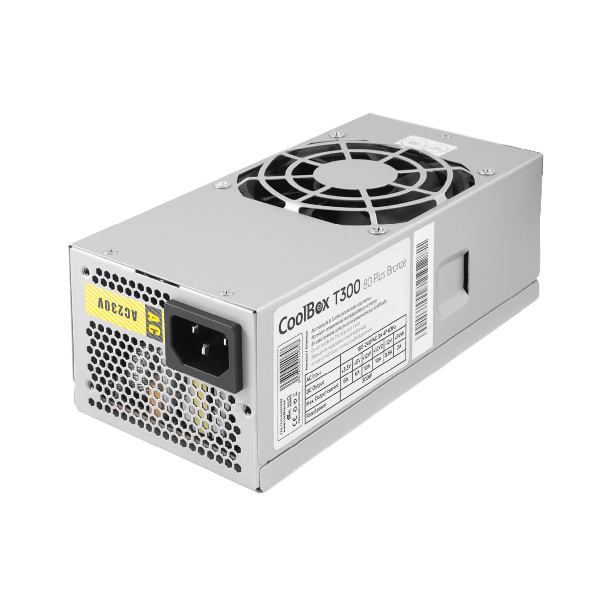 Srebrny zasilacz z wentylatorem i wejściem AC, czarna wtyczka.