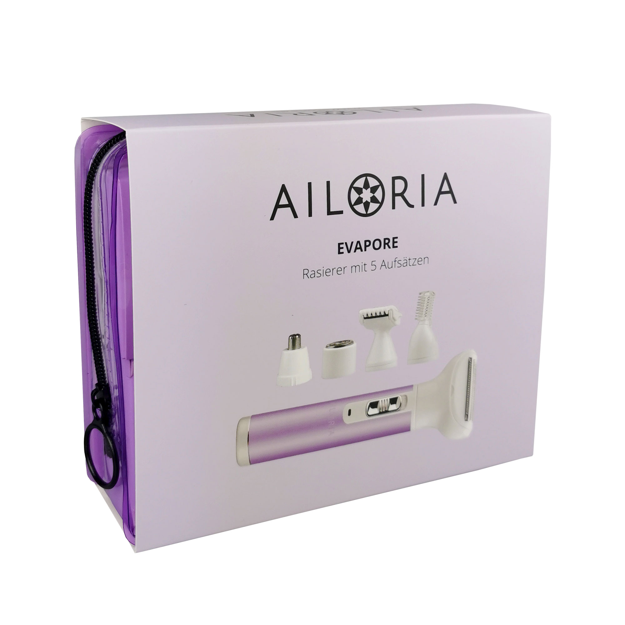Scatola del kit da barba Ailoria Evapore con custodia viola e testine.