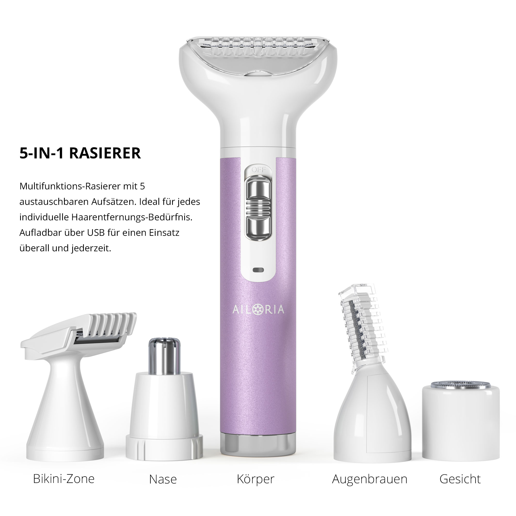 Un rasoio 5 in 1 con accessori per bikini, naso, corpo, sopracciglia e viso, con testo.