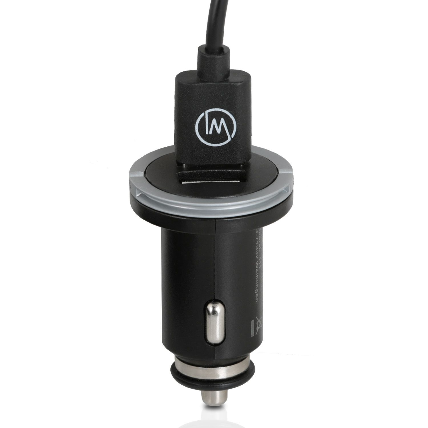 Schwarzes Autoladegerät, USB-Anschluss, schwarzes Kabel, weißer Hintergrund.
