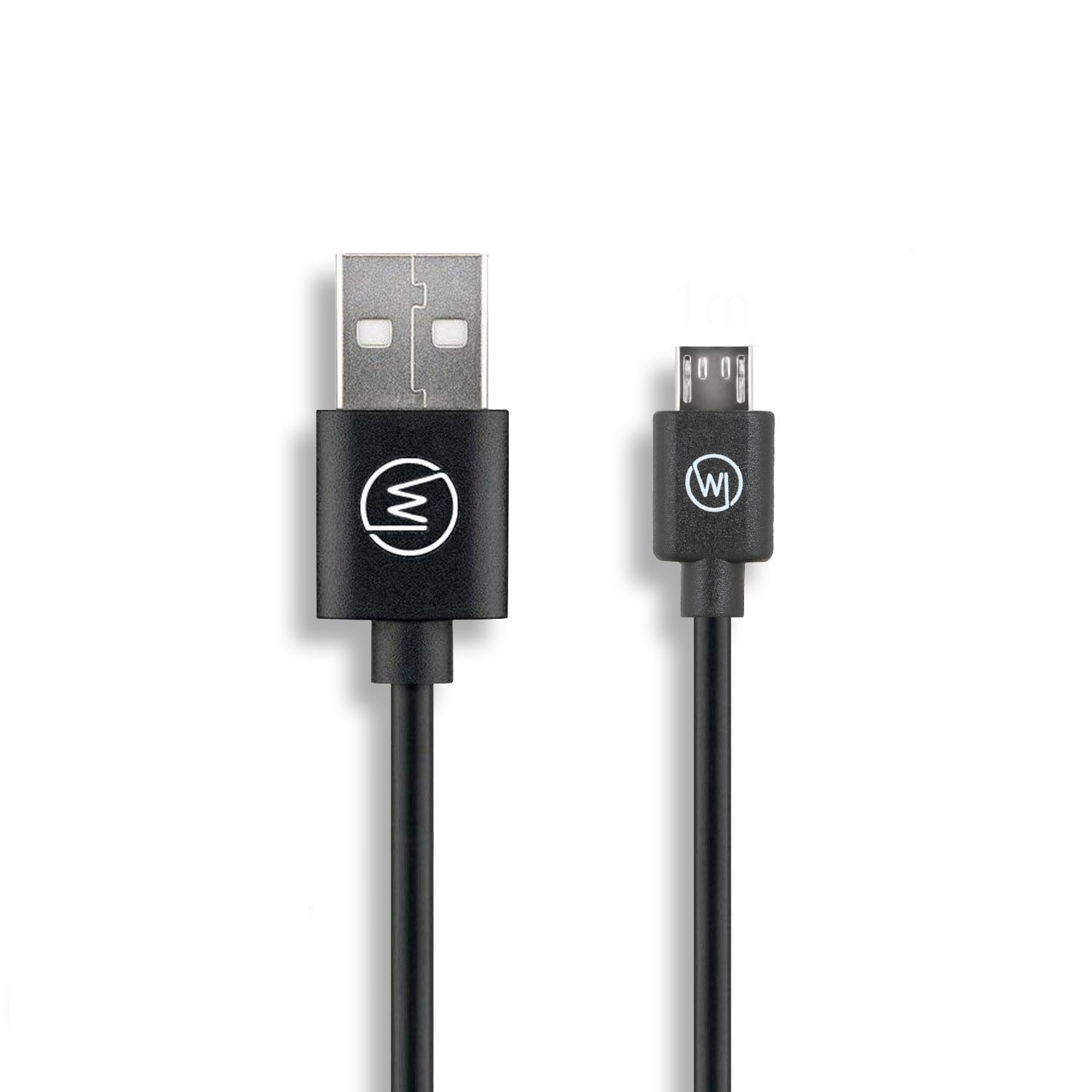 Schwarzes USB-zu-Micro-USB-Kabel. Die Enden haben das Markenlogo.