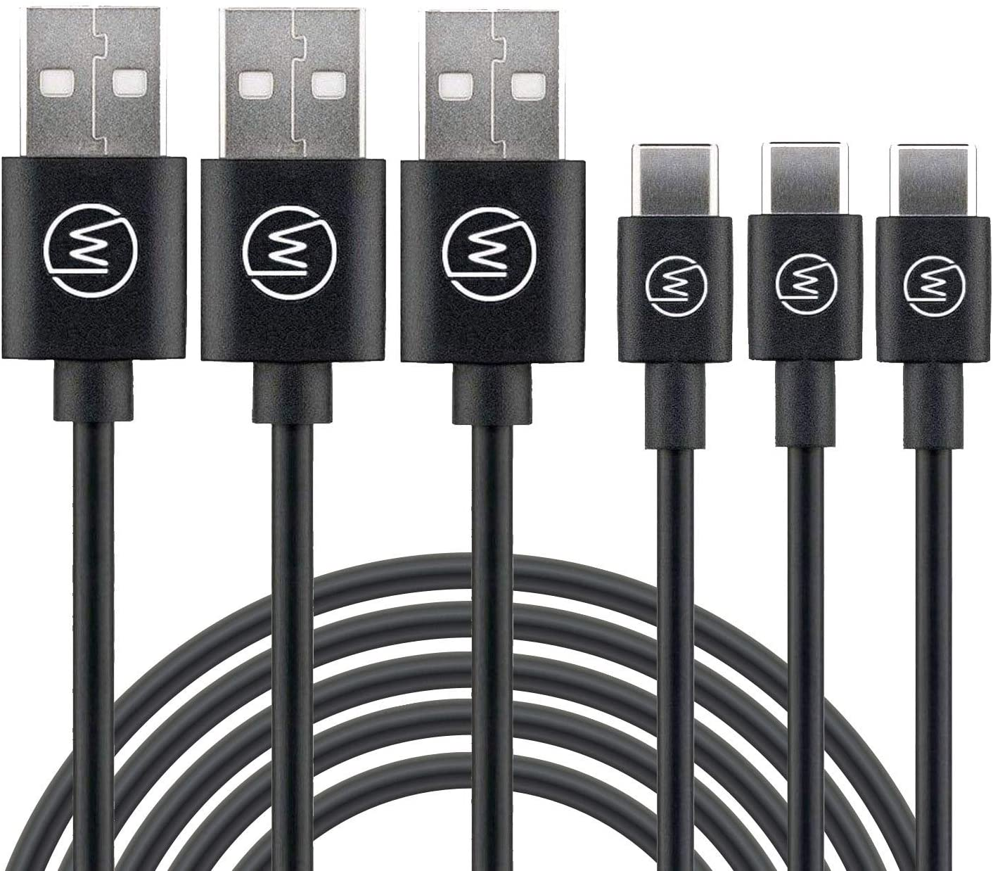 USB-Kabel verschiedener Typen. Sie sind schwarz und haben ein Logo auf dem Kopf.