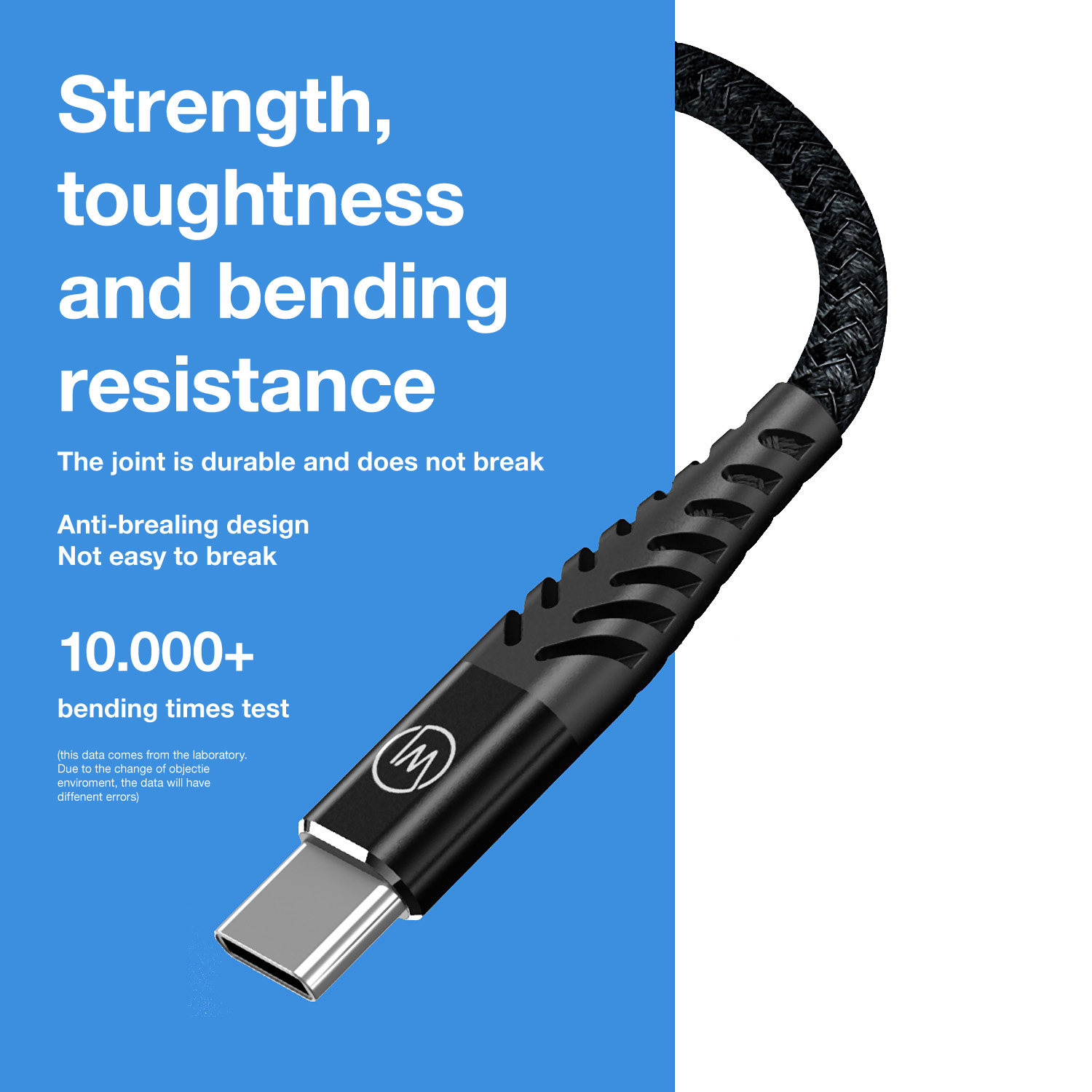 Ein schwarzes USB-C-Kabel mit Text über Stärke und Biegefestigkeit.