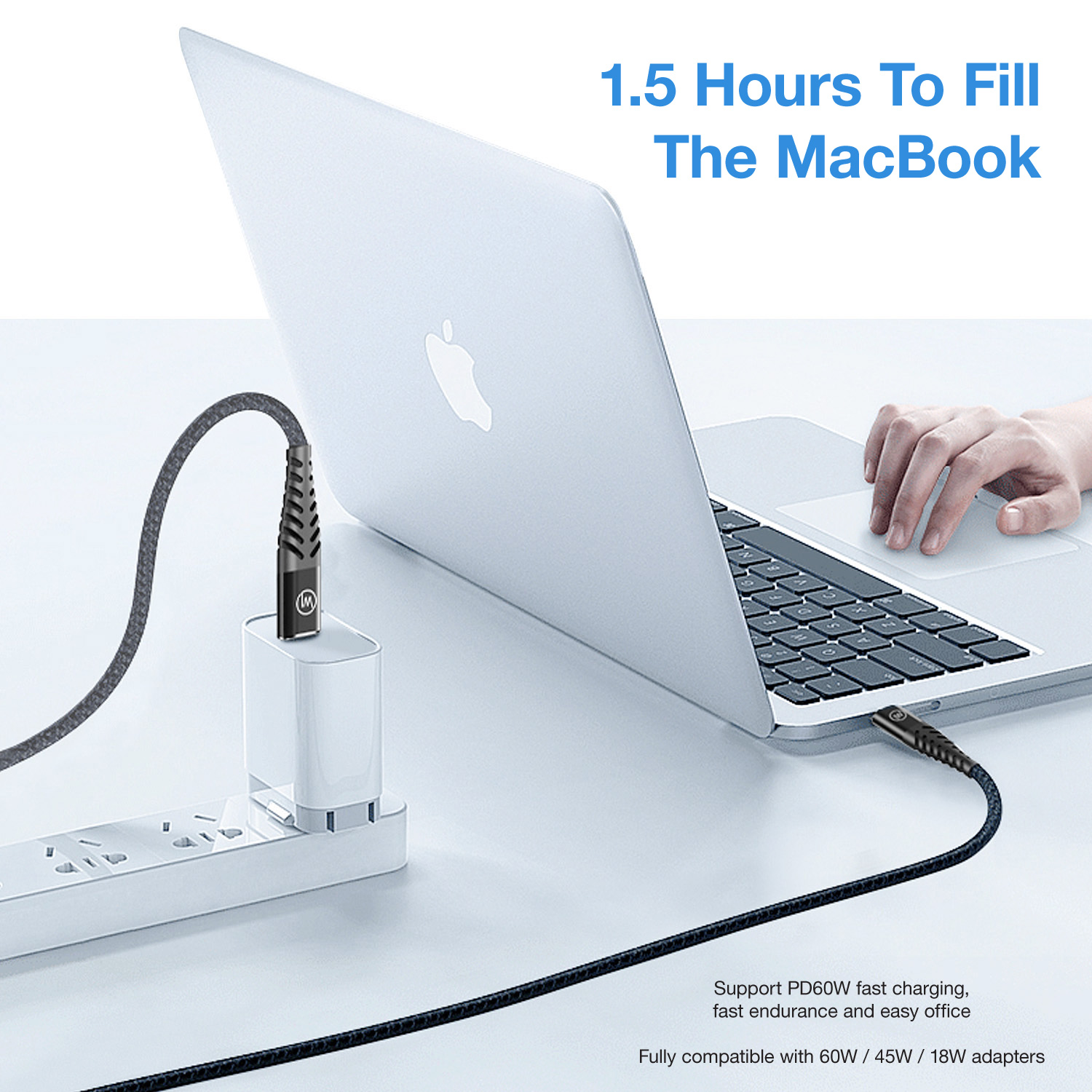 Laptop wird geladen. Ladegerät angeschlossen. Text sagt, dass das MacBook in 1,5 Stunden voll ist.