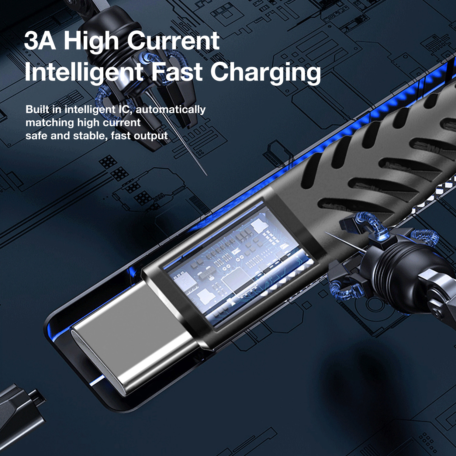 Nahaufnahme eines Ladekabels mit USB-C-Anschluss, blauen Lichtakzenten und Text: '3A High Current'.