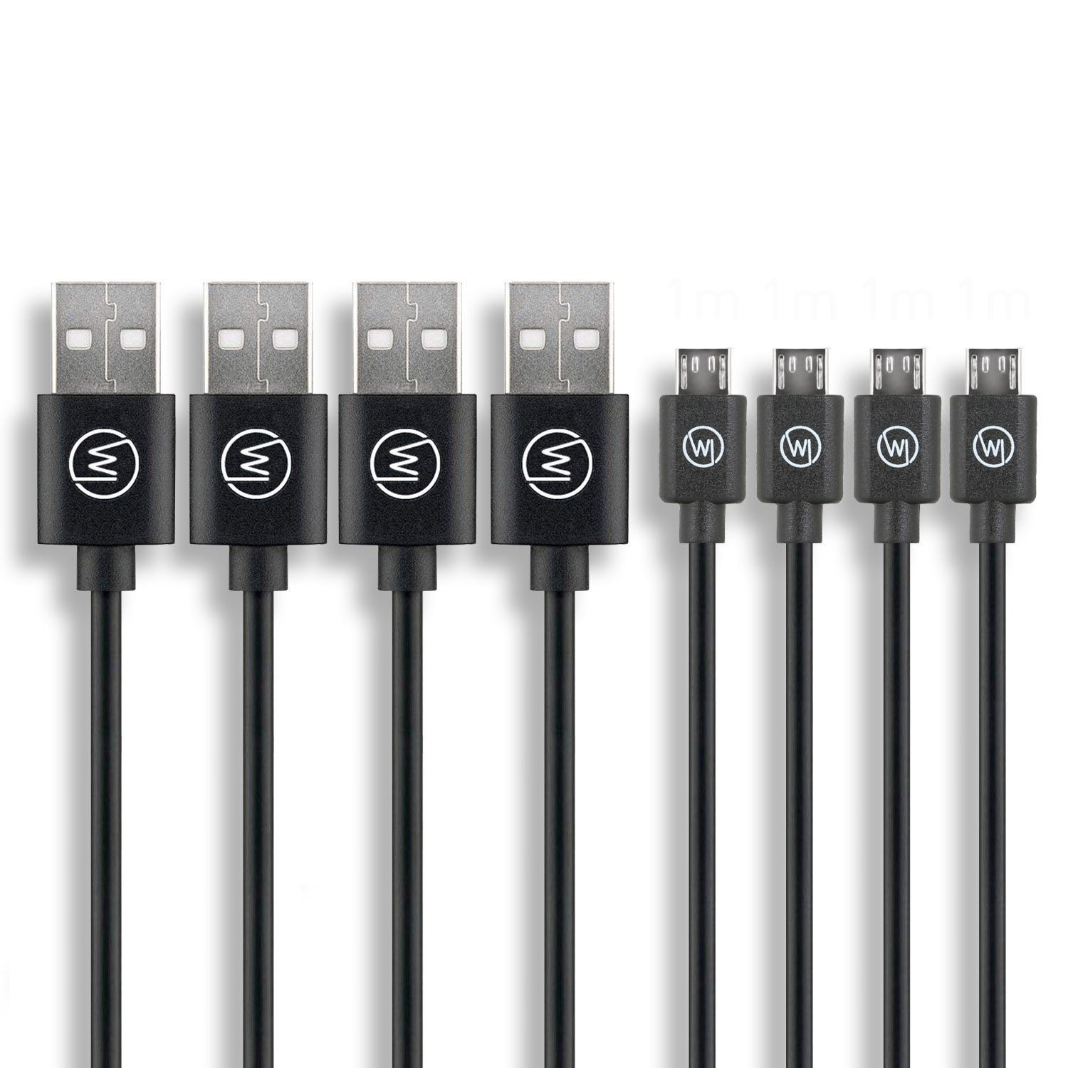 Sechs USB-Kabel mit schwarzen Drähten und weißen USB-Anschlüssen. Jedes Kabel hat ein Logo.