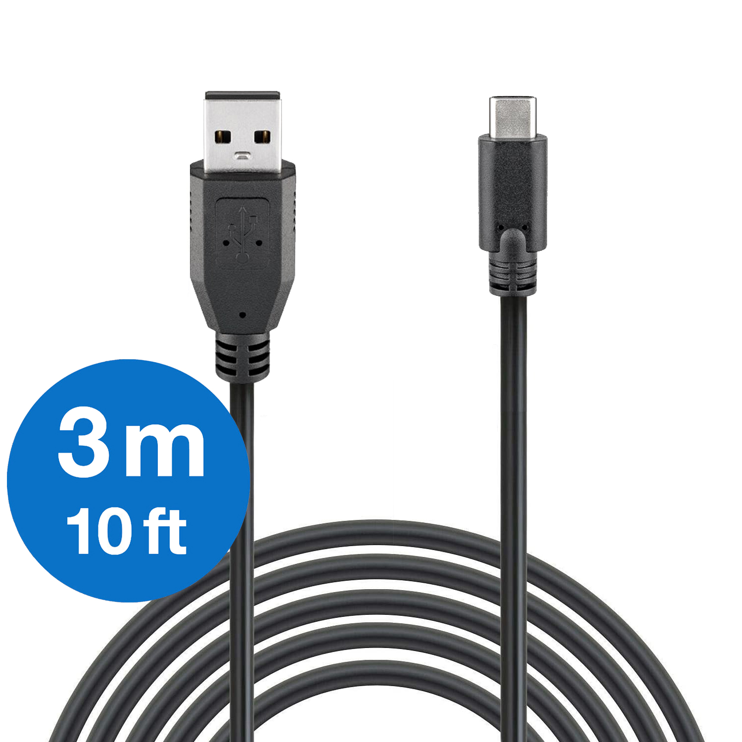 USB-zu-USB-C-Kabel. Blauer Kreis mit Text '3m 10ft'.