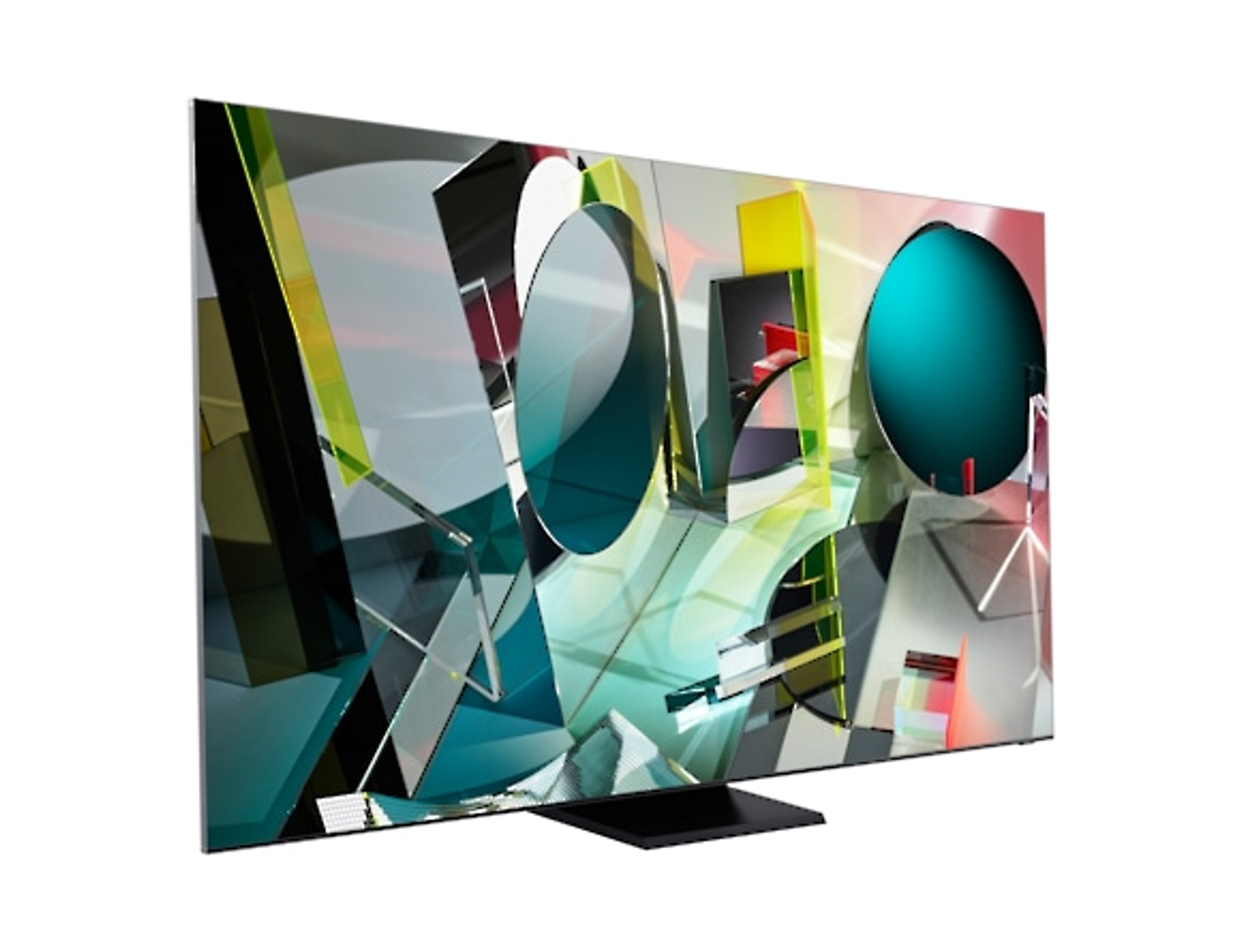 Televisor con arte abstracto y colorido en pantalla, soporte negro, fondo blanco. Vista en ángulo.
