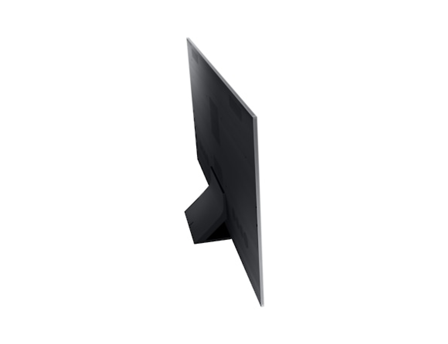 Una pantalla de TV negra se muestra en ángulo, con un soporte. El lado del televisor es visible.