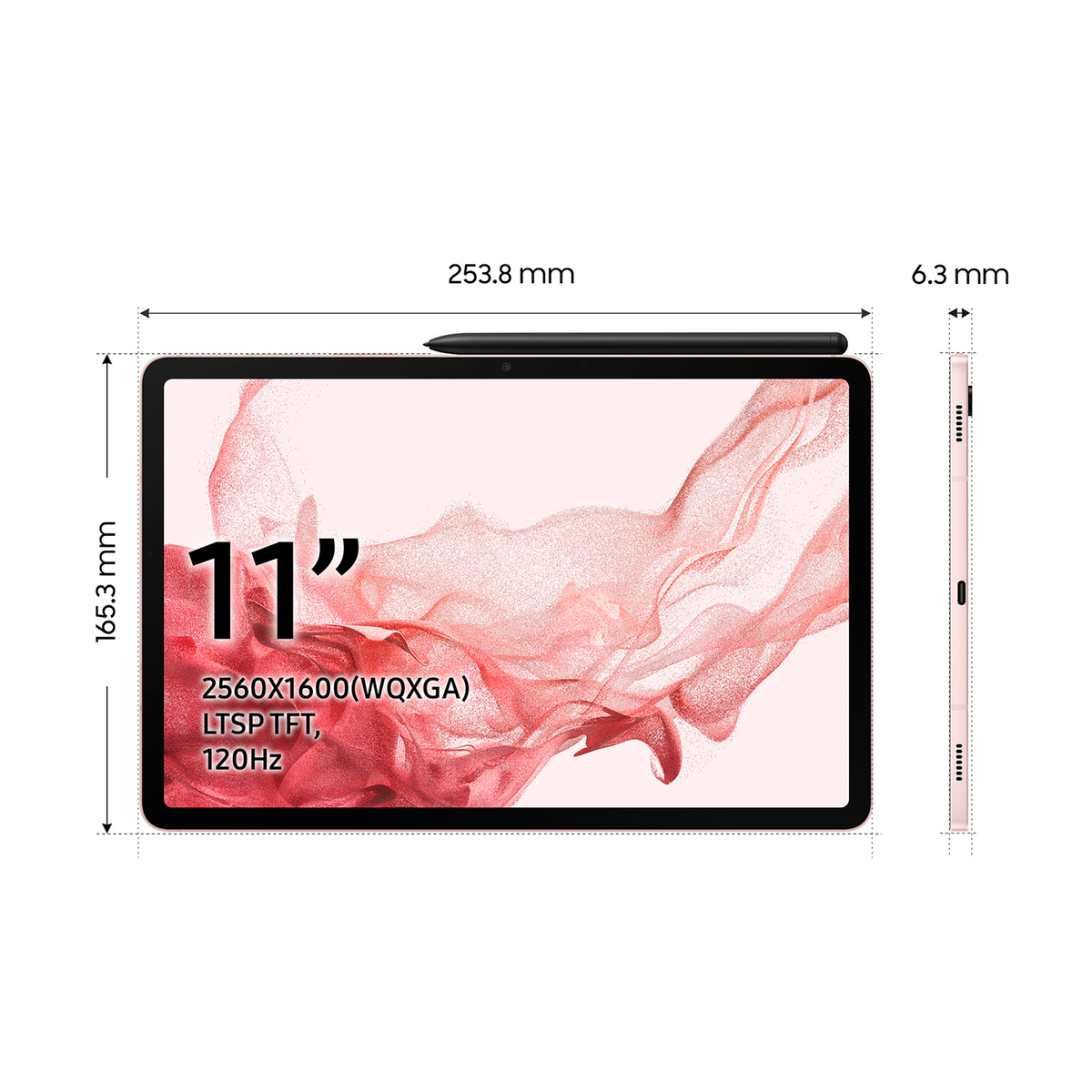 Ein Tablet mit Stift oben, Abmessungen und Details anzeigend.