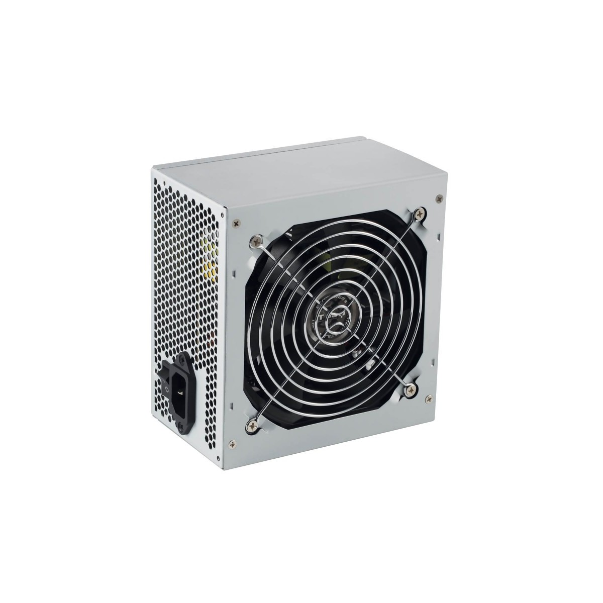 Una fuente de alimentación de computadora gris con un ventilador y un puerto de enchufe.