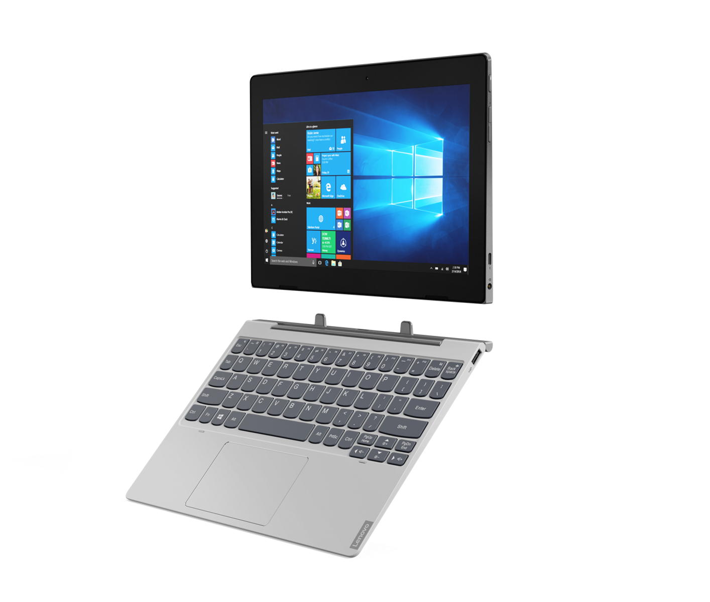 Una tableta plateada con teclado desmontable, que muestra una pantalla de Windows.