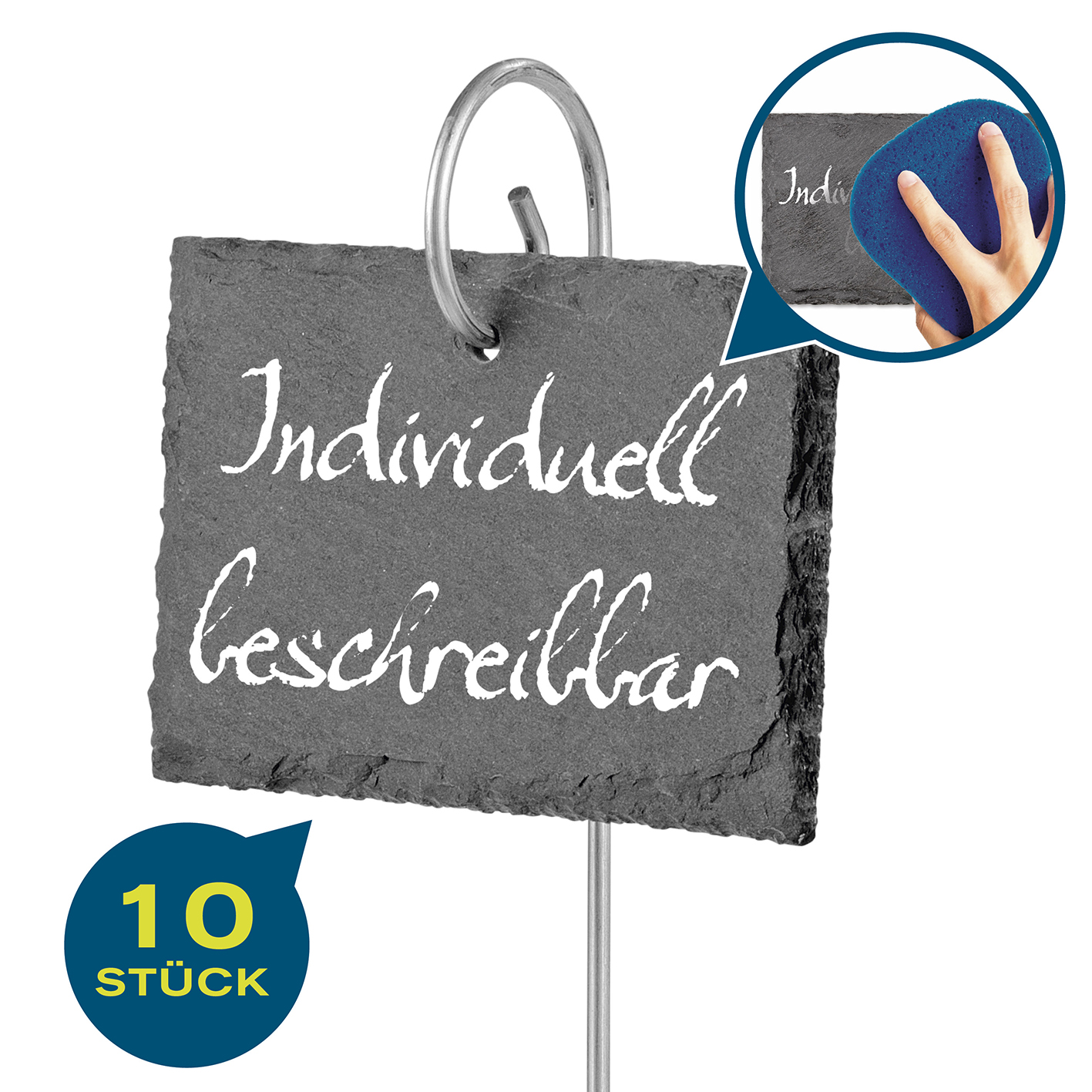 Schwarzes Tafelschild mit 'Individuell Beschreibbar' in Weiß. Blauer Schwamm und Hand im Ausschnitt.