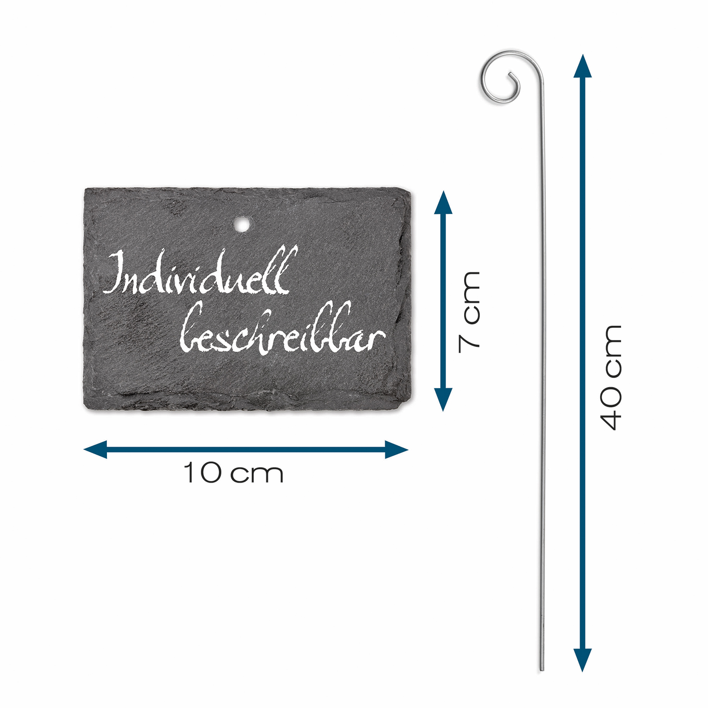 Schiefertafel auf Metallstab. Text: Individuell beschreibbar. Abmessungen sind angegeben.