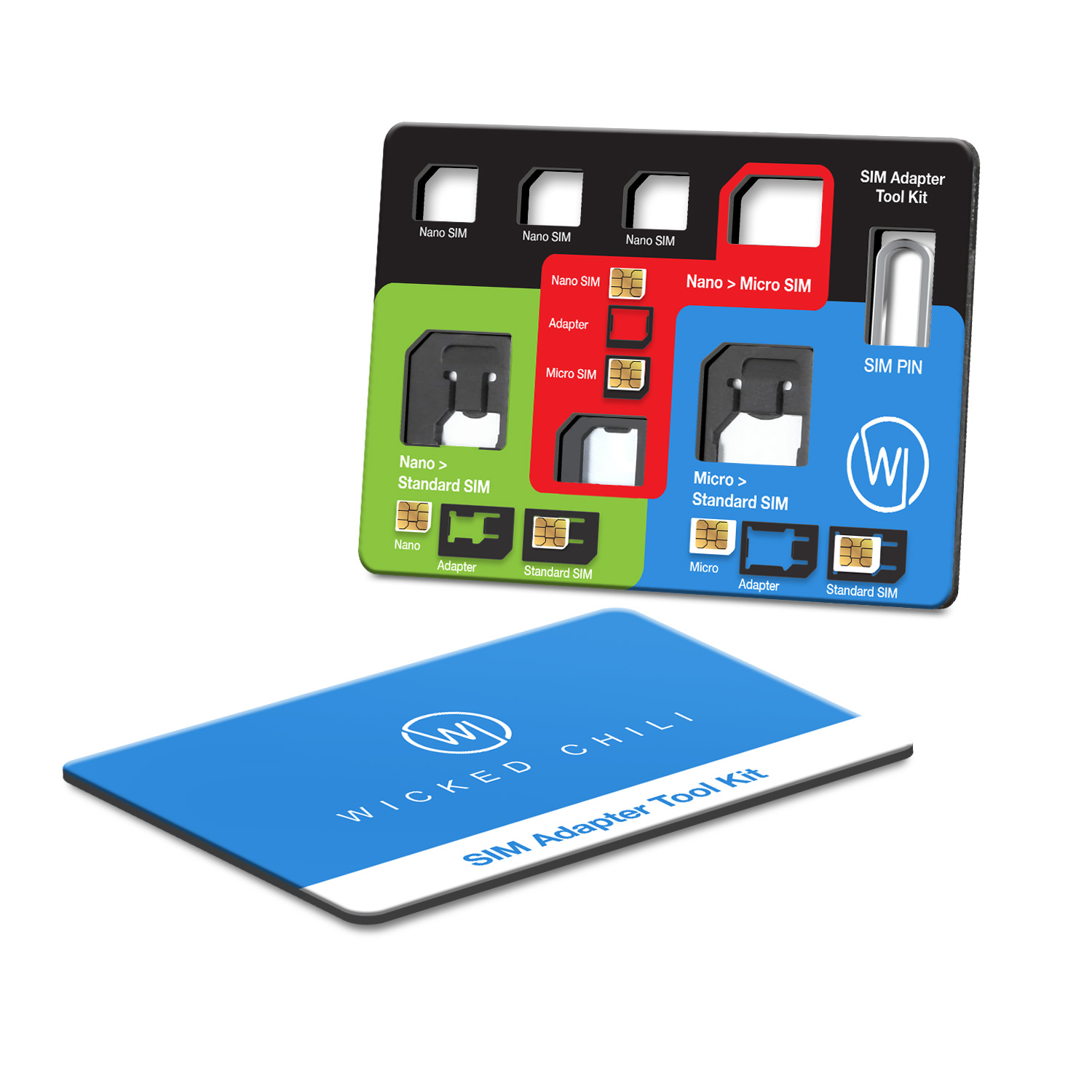 SIM-Adapter-Kit mit verschiedenen SIM-Adaptern. Das Kit ist grün, rot und blau.