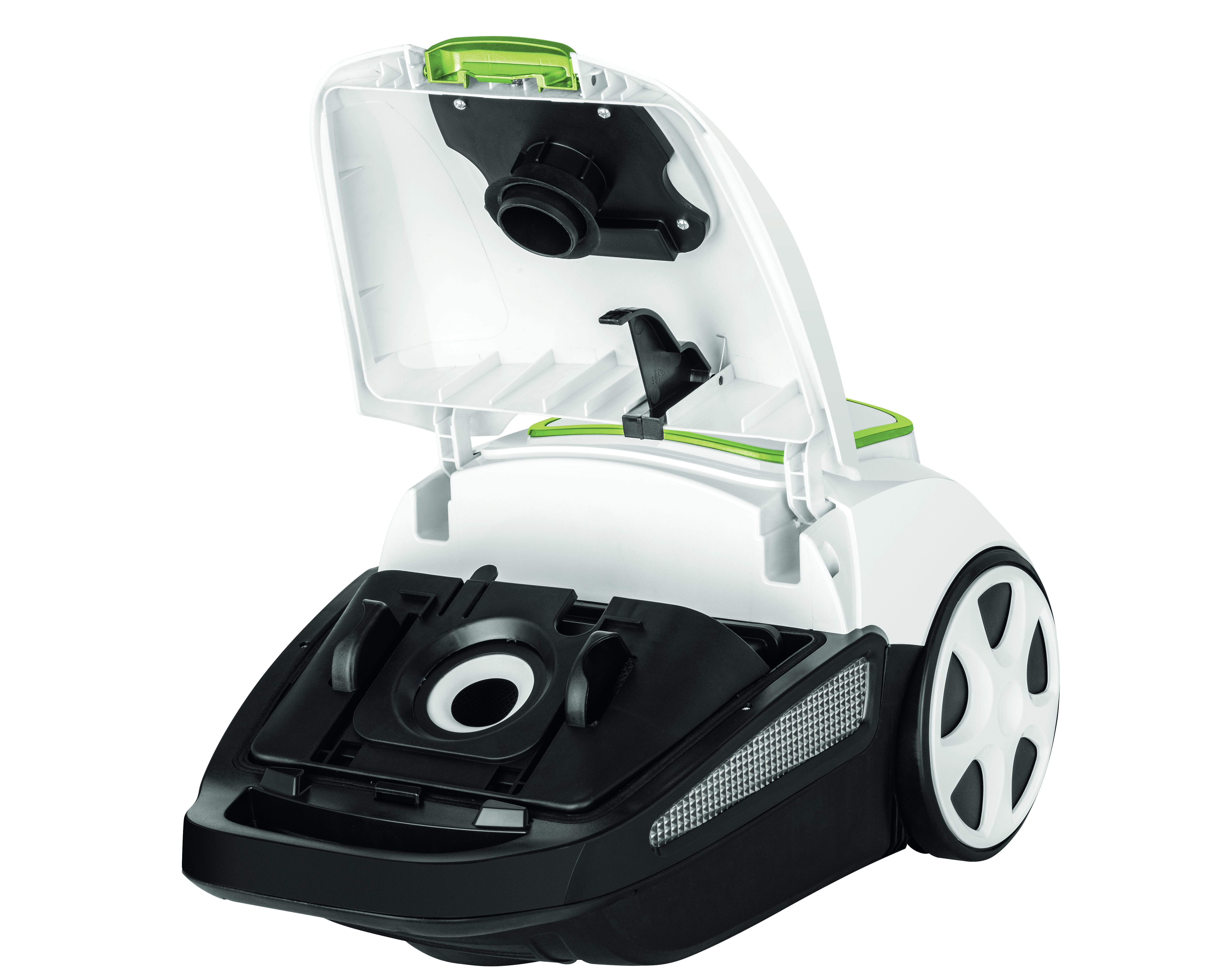Biało-czarny odkurzacz z otwartą górą. Ma zielony akcent.
