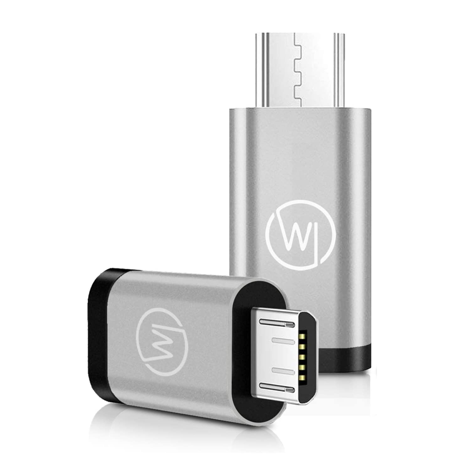 Silberner USB-C-Adapter mit zwei Teilen. Einer ist eingesteckt. Das Logo ist ein weißes W in einem weißen Kreis.