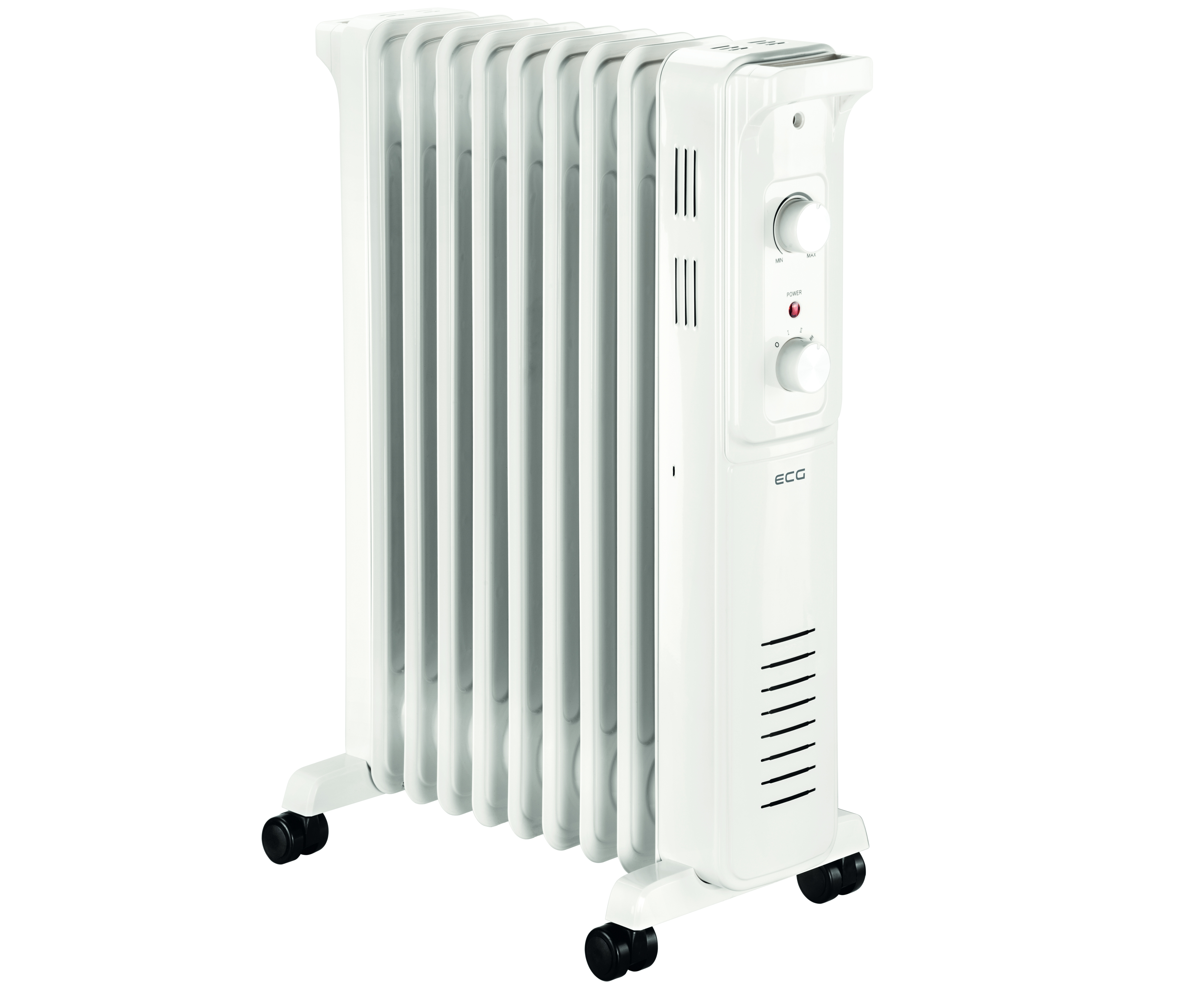Biały grzejnik olejowy z wieloma żeberkami, pokrętłami i kółkami na dole.