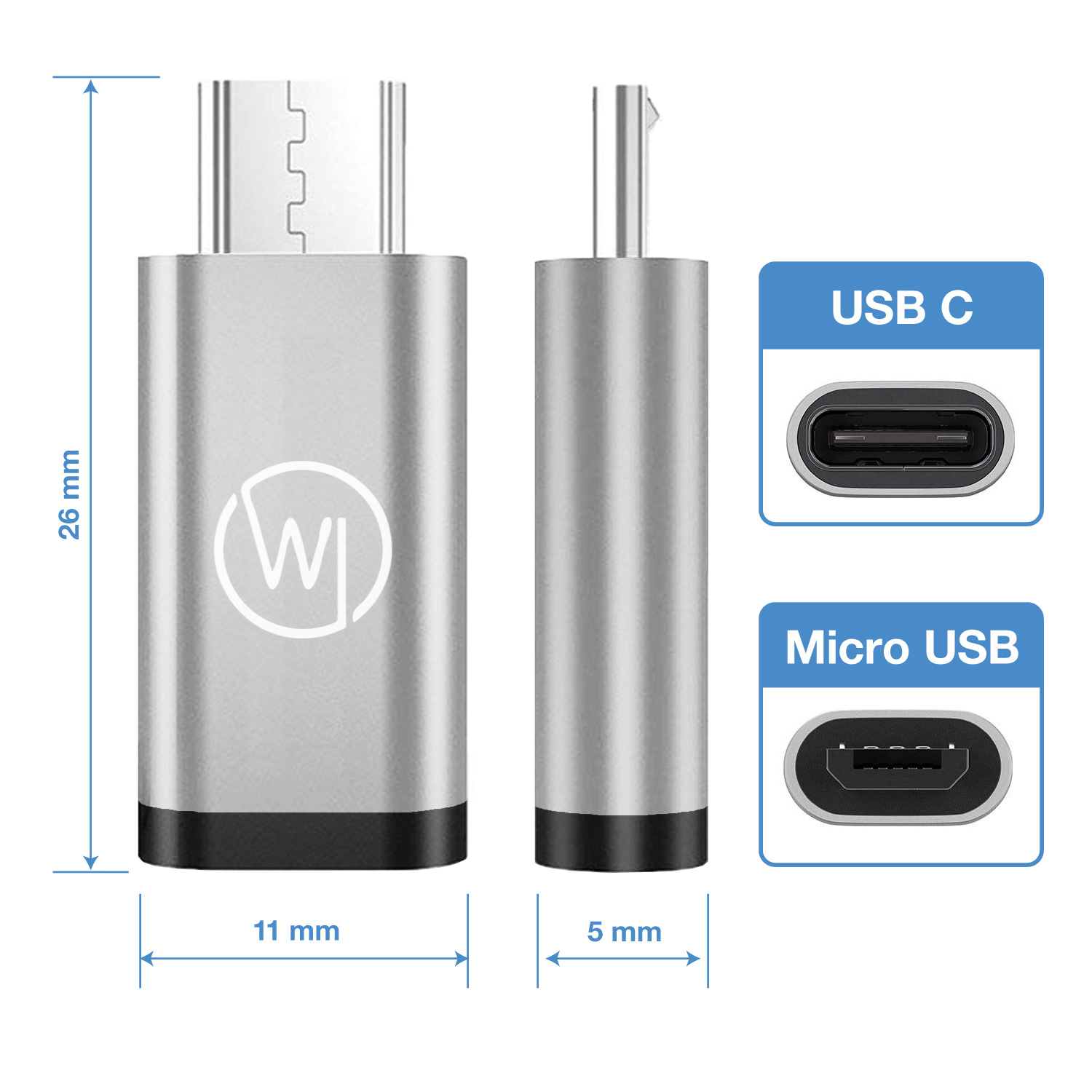 Silberner USB-Adapter mit USB-C- und Micro-USB-Anschlüssen, mit Maßen.