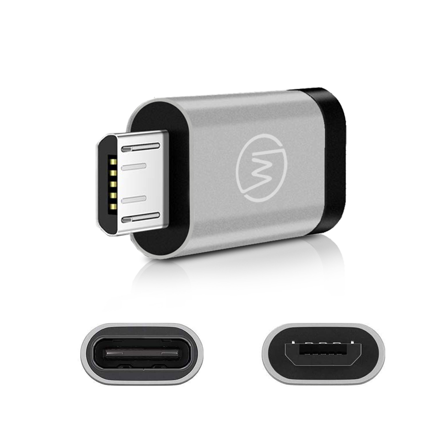 Silberner USB-zu-Micro-USB-Adapter. Hat einen Micro-USB-Stecker auf der einen Seite und USB auf der anderen.