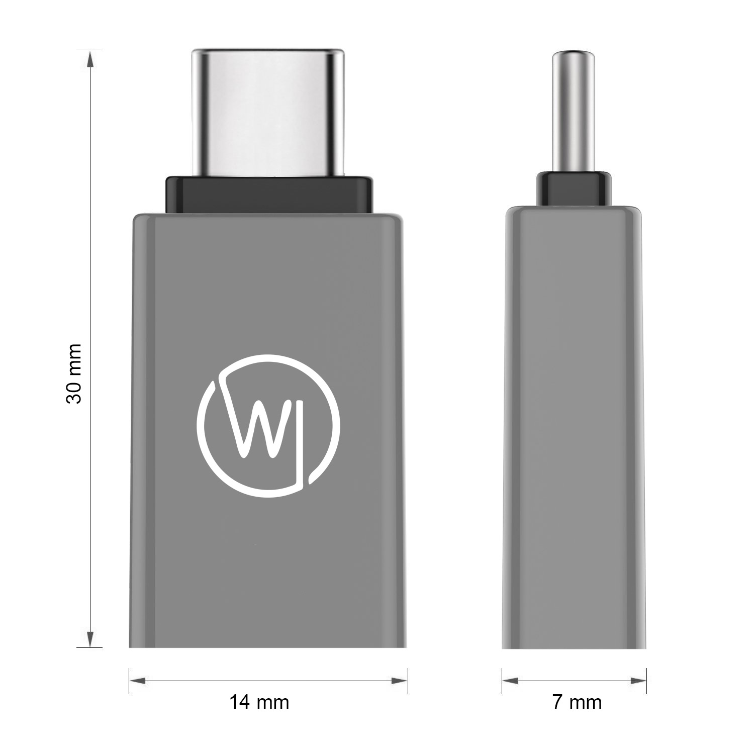 Grauer USB-C-auf-3,5-mm-Adapter. Es hat ein graues Gehäuse mit weißem Logo und die Abmessungen sind angegeben.