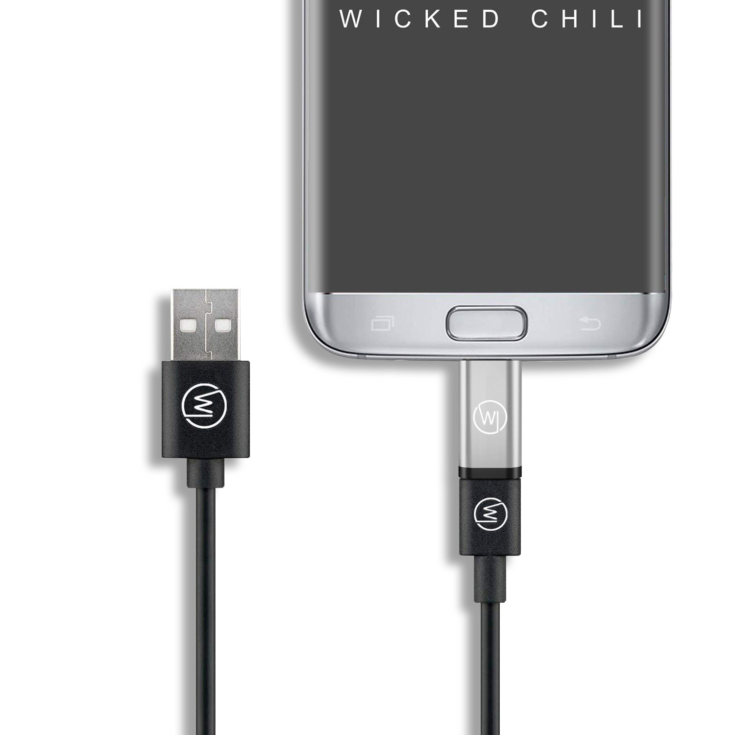 Ein schwarzes USB-Kabel ist mit einem Telefon verbunden. Das Telefon hat einen Ladeanschluss.